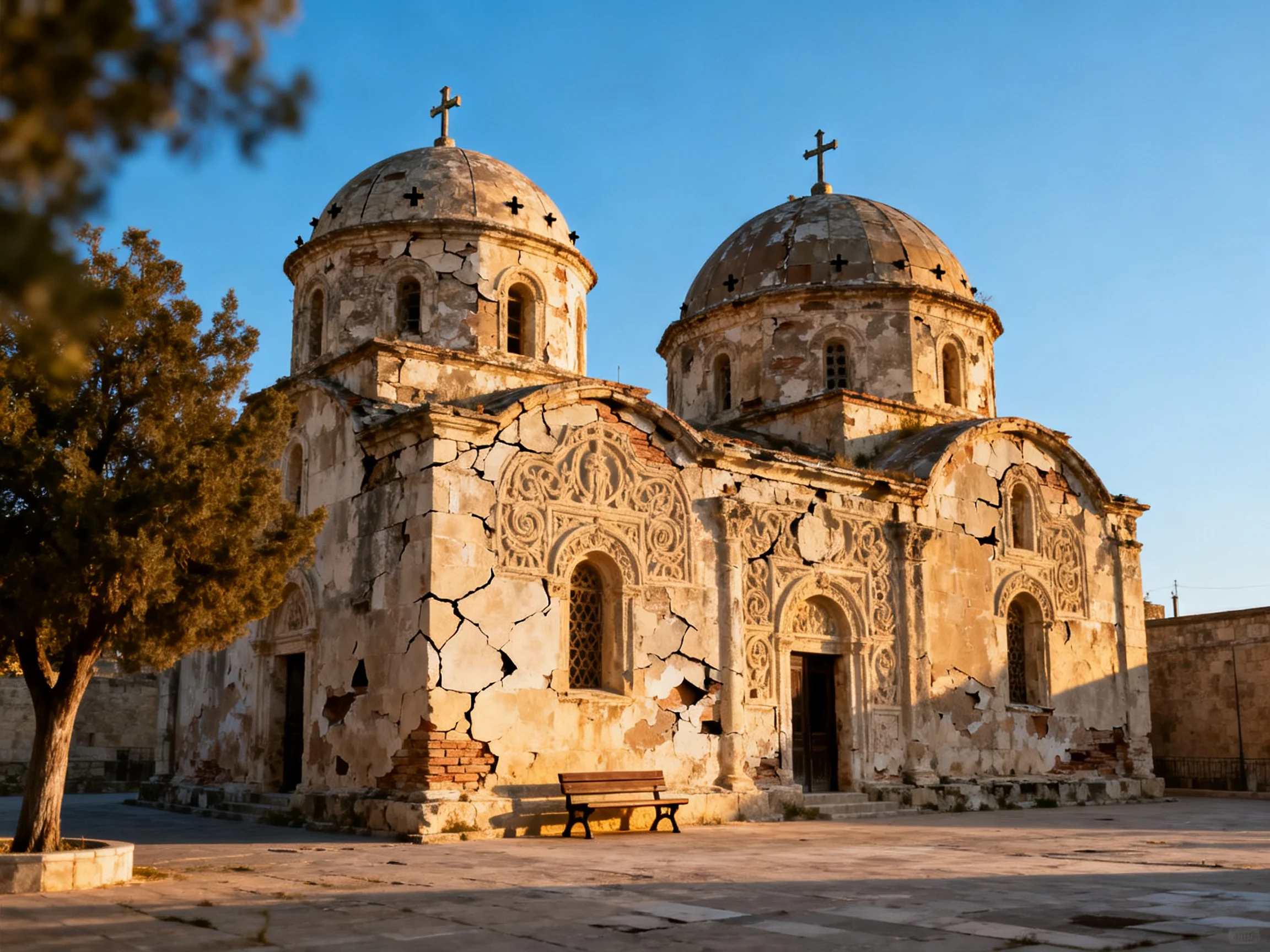 Two weathered domes atop an ancient stone church with cracked walls