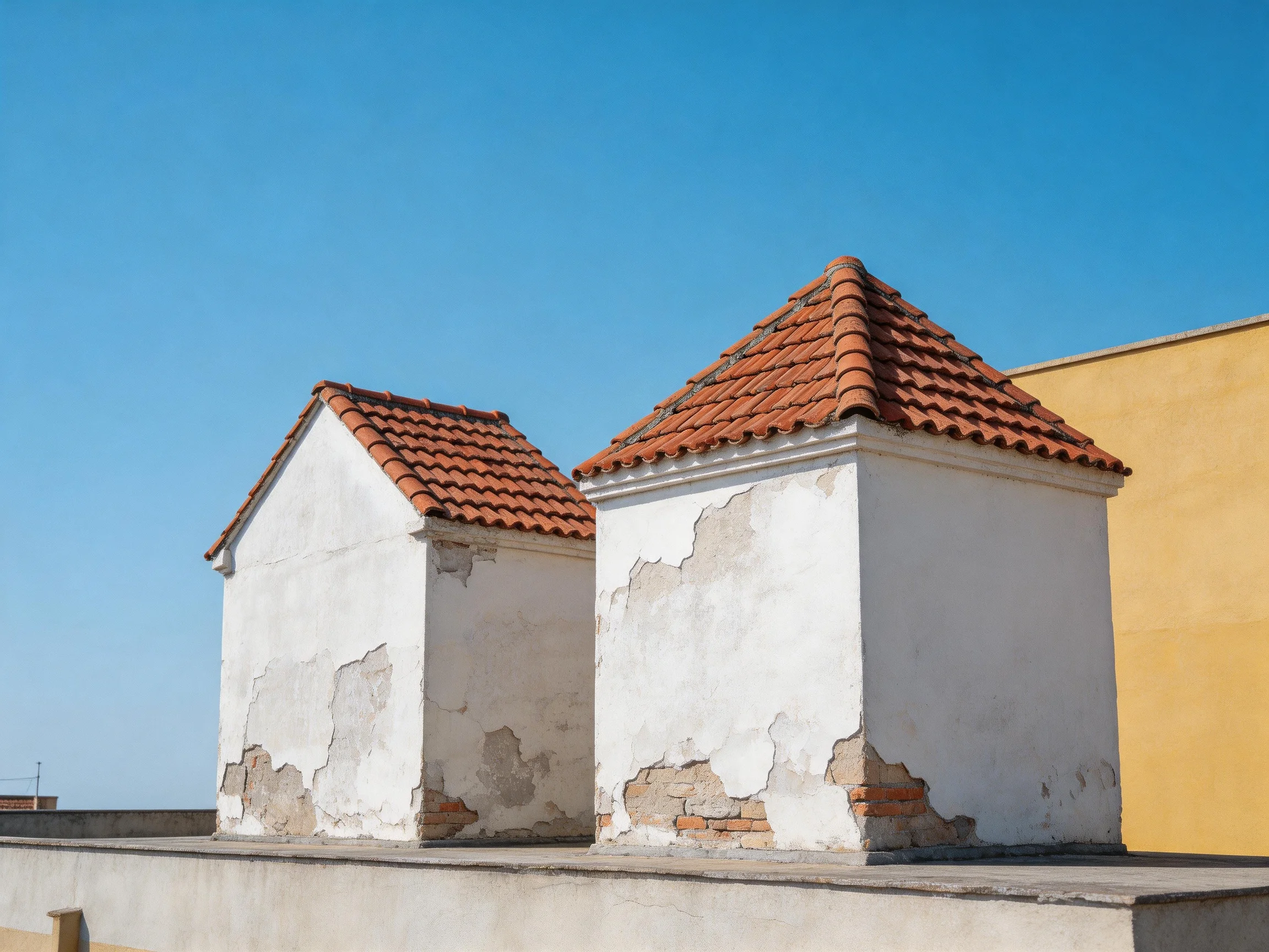Two weathered white buildings with terracotta roofs against clear blue sky