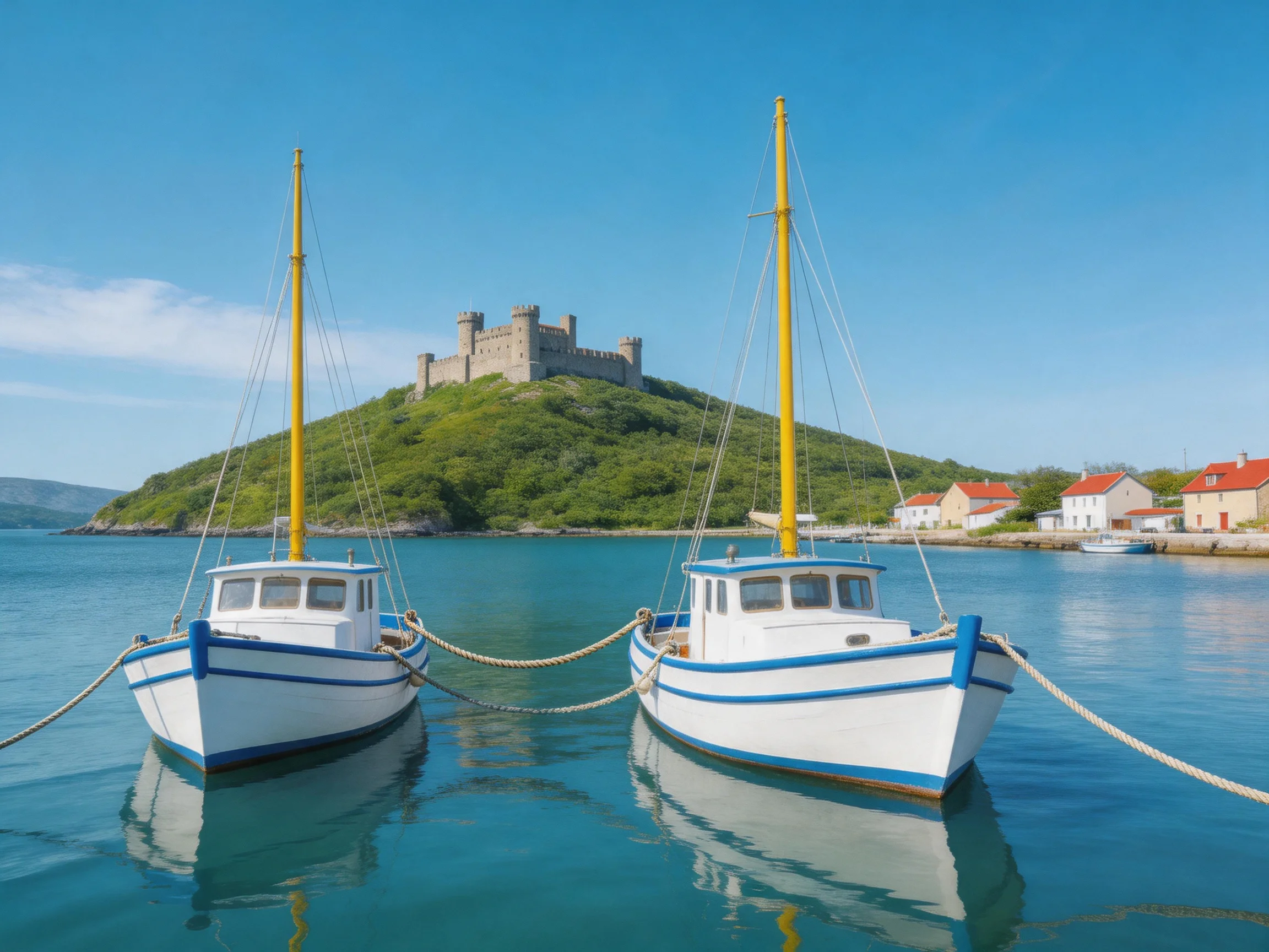 Two white boats with yellow masts dock by a green hilltop castle