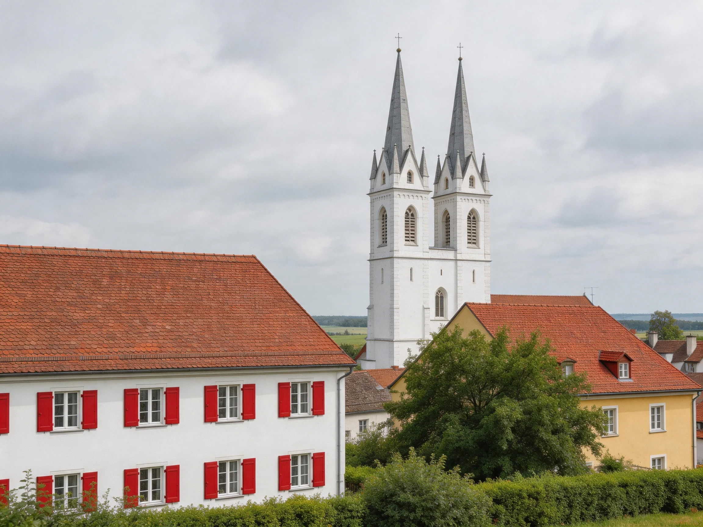 Two white church spires rise behind red-roofed houses with red shutters