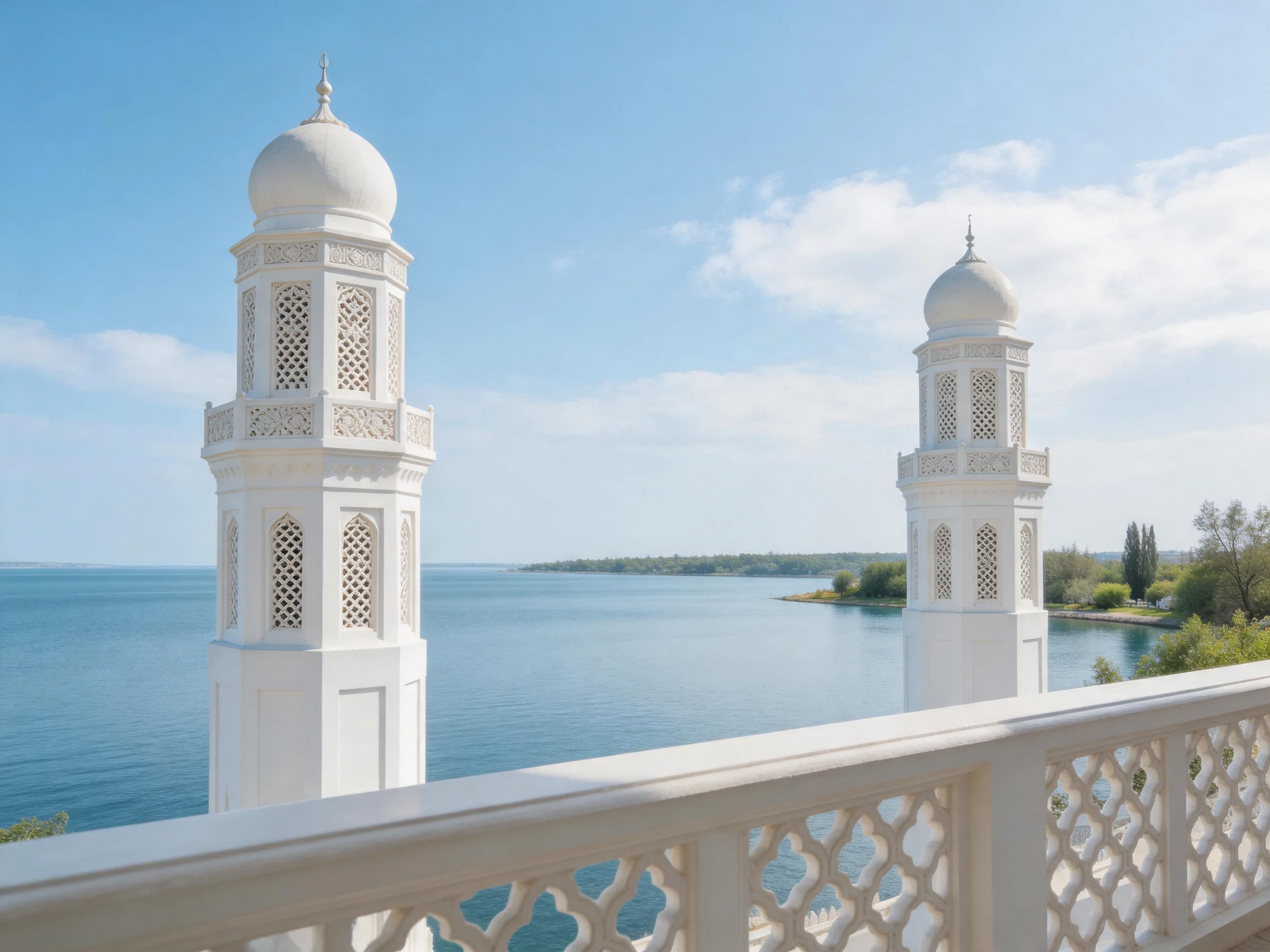 Two white domed towers overlook calm blue waters from a balcony