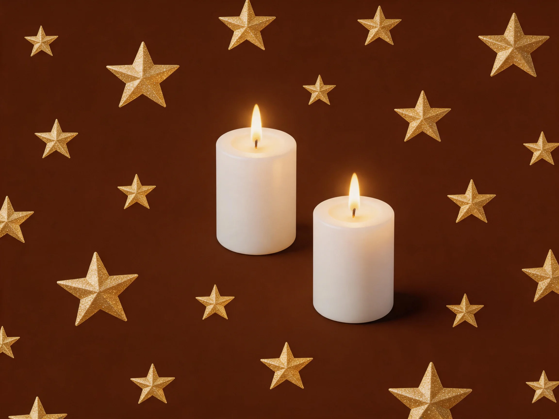 Two white pillar candles surrounded by numerous golden star decorations on a brown surface