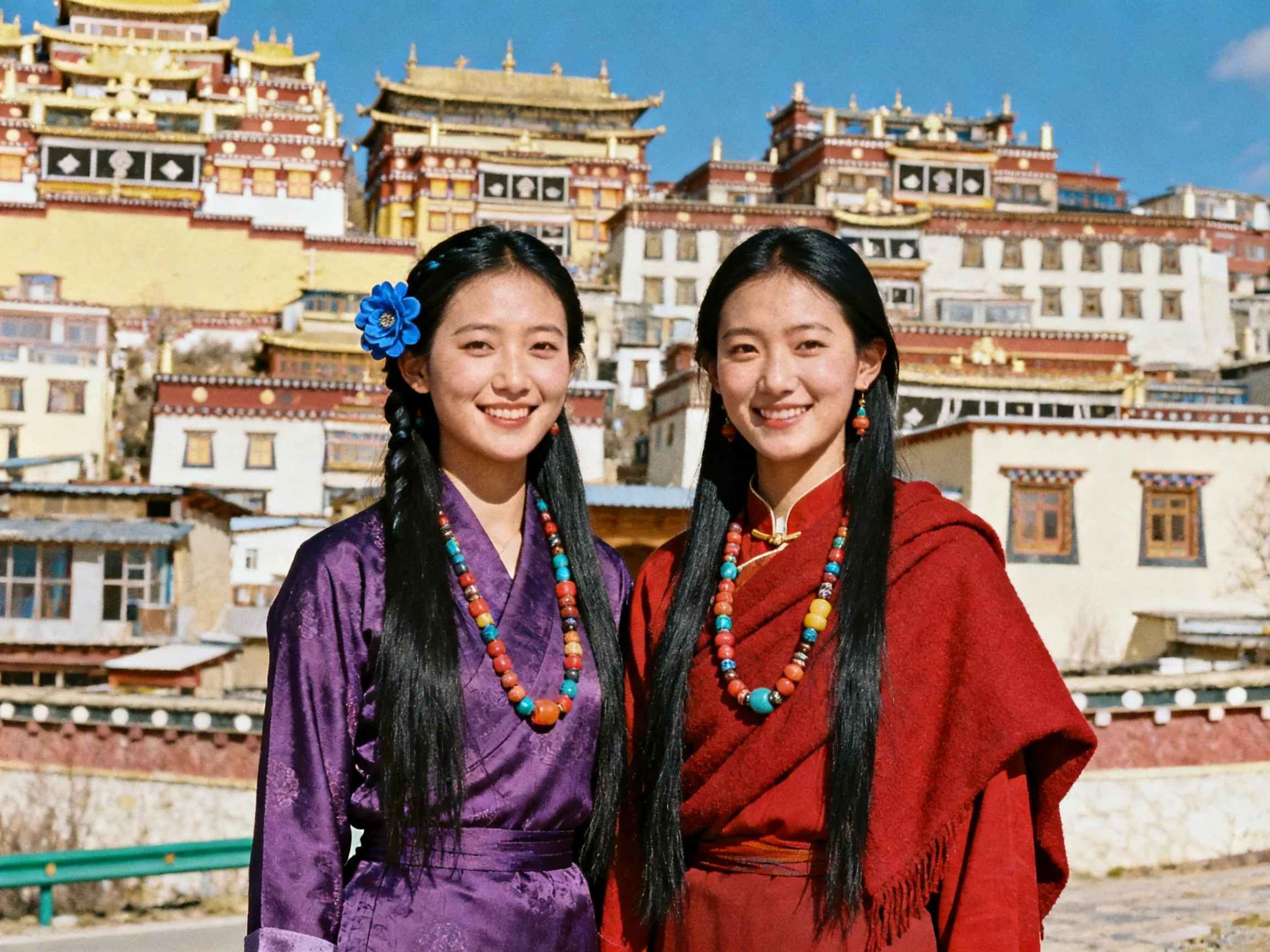 Two women in purple and red traditional garments stand before ornate, multicolored historical structu