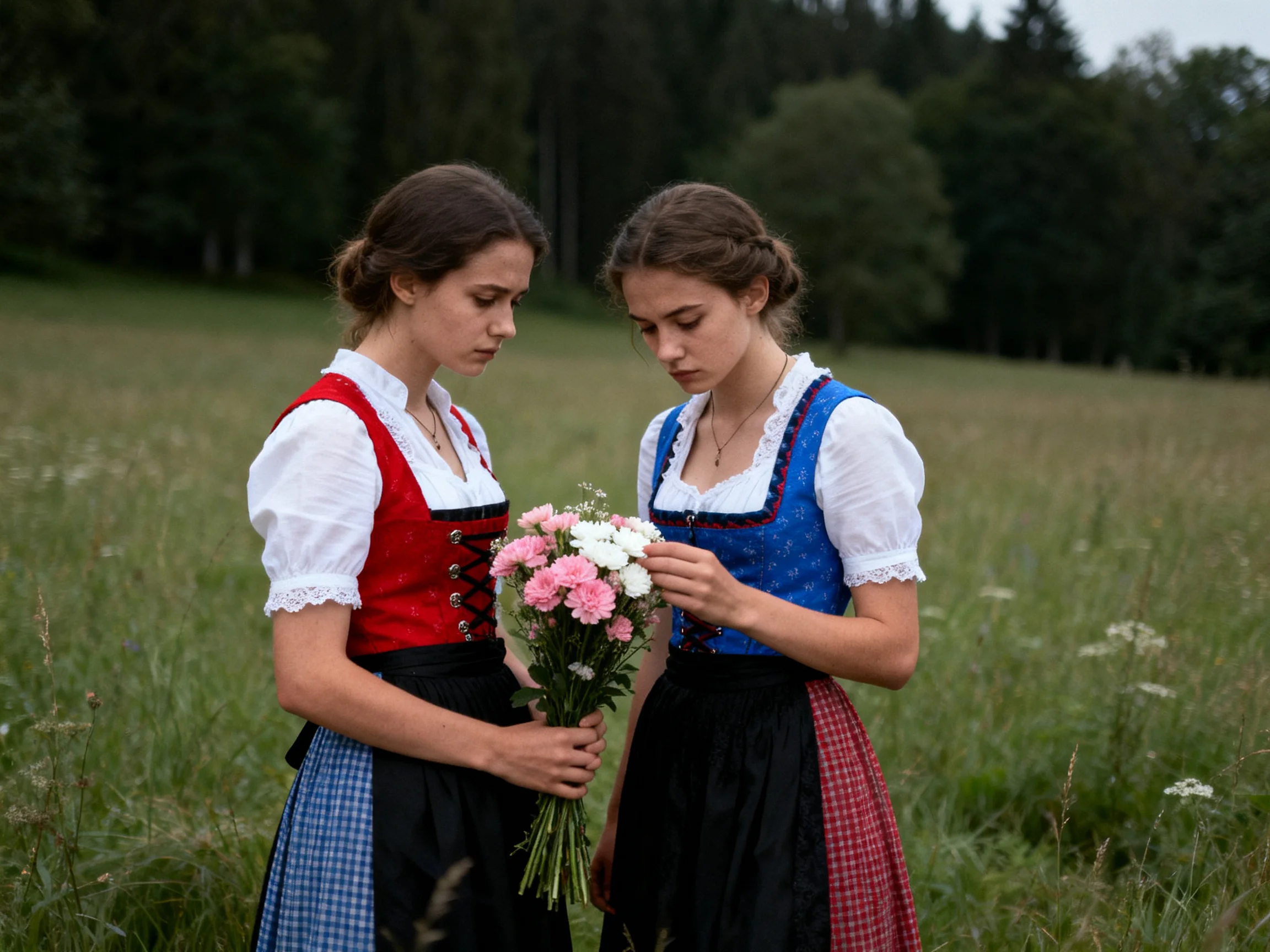 Two women in traditional dresses hold colorful flowers in a grassy field