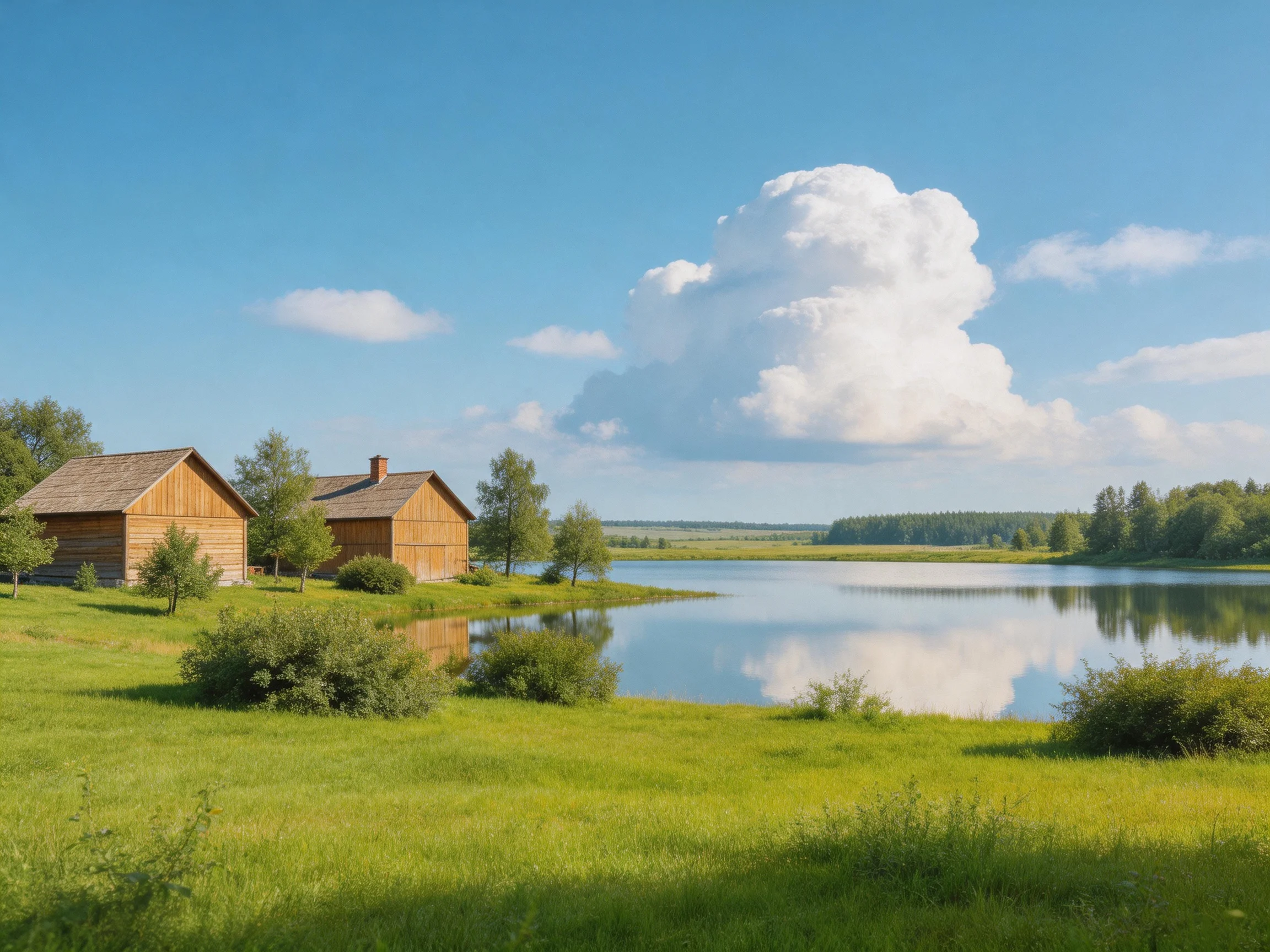 Two wooden cabins near a serene lake with green meadows
