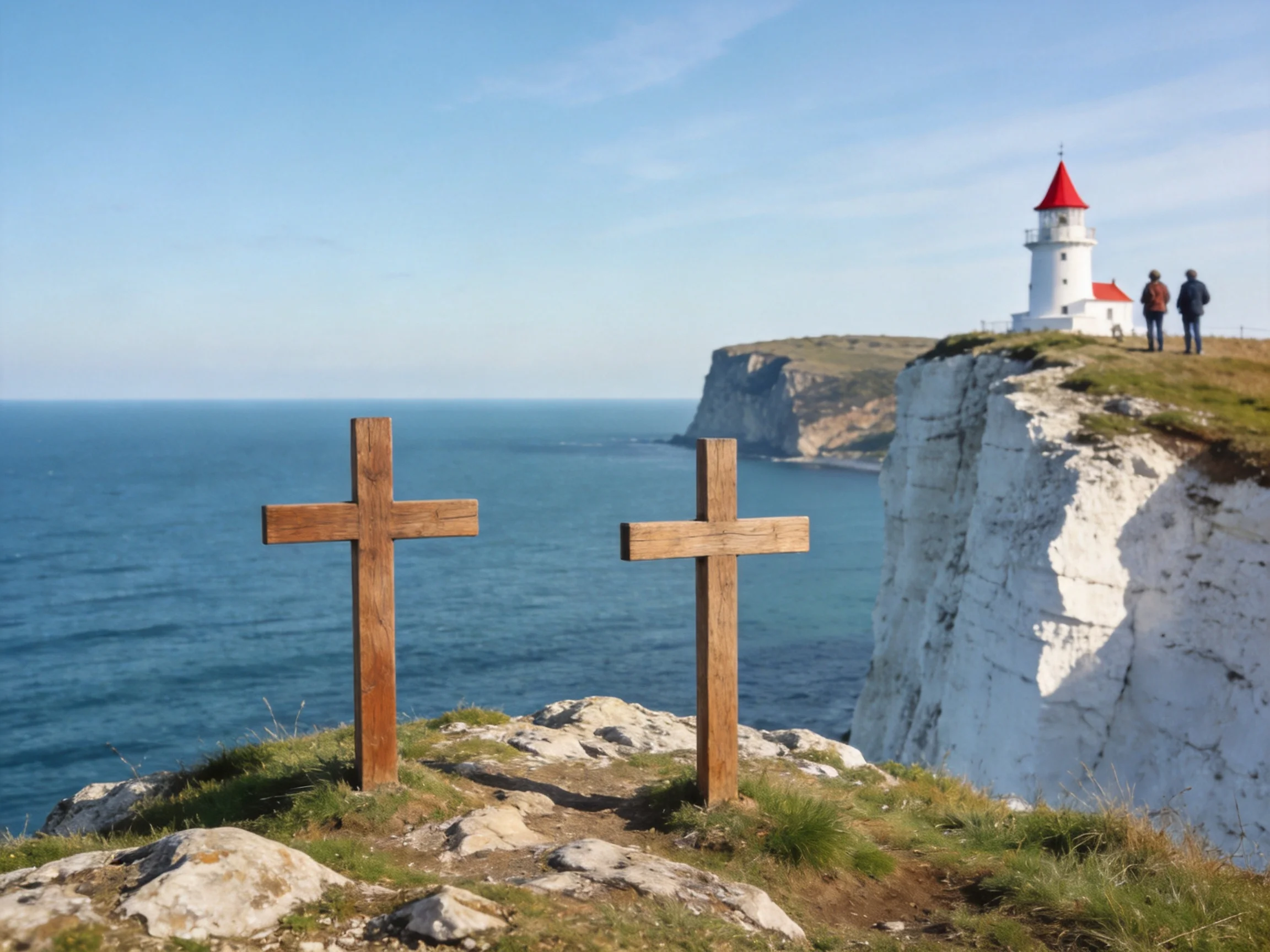 Two wooden crosses near white cliffs with a red-roofed lighthouse