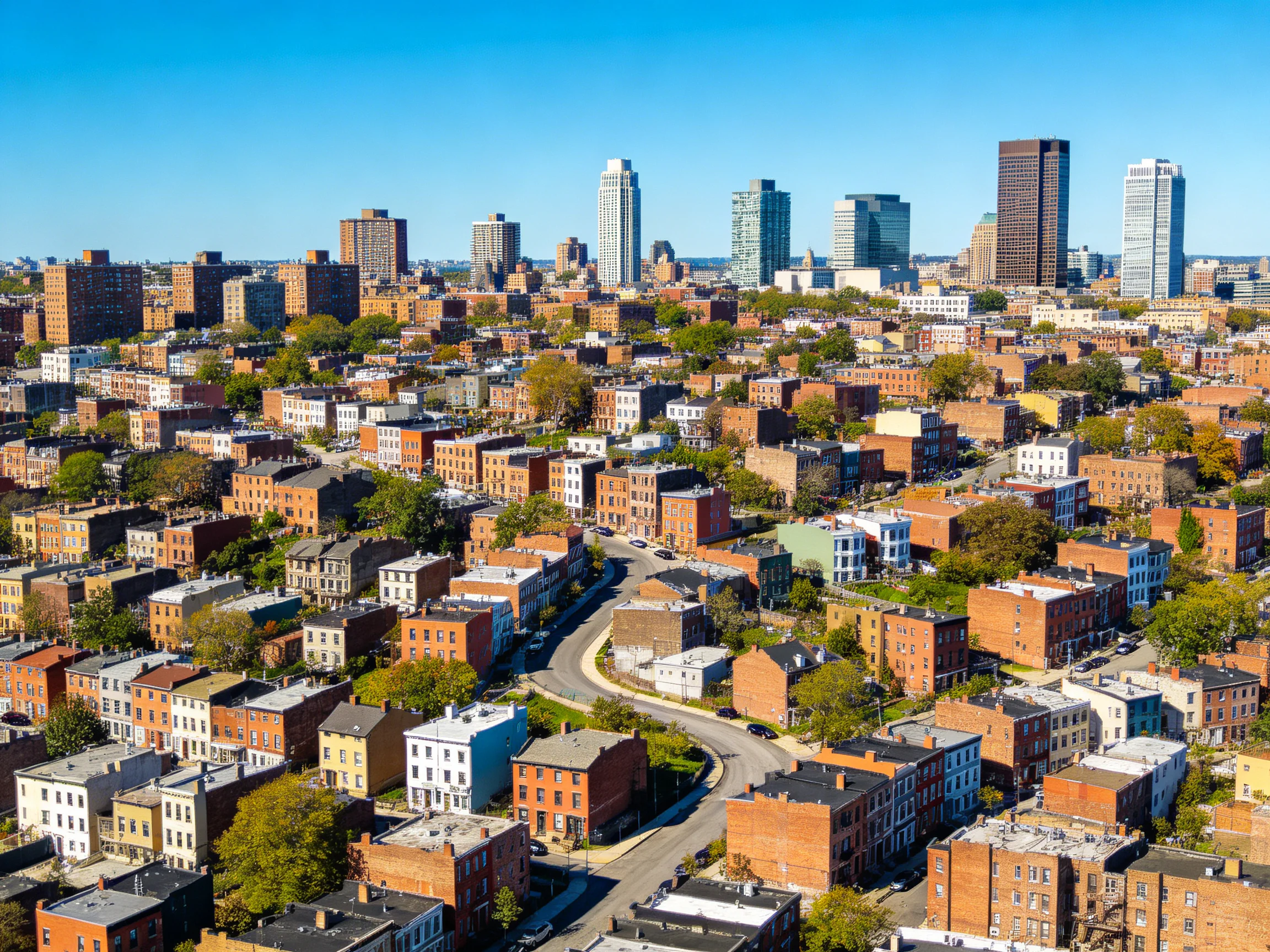 Urban landscape with historic brick homes and modern skyscrapers