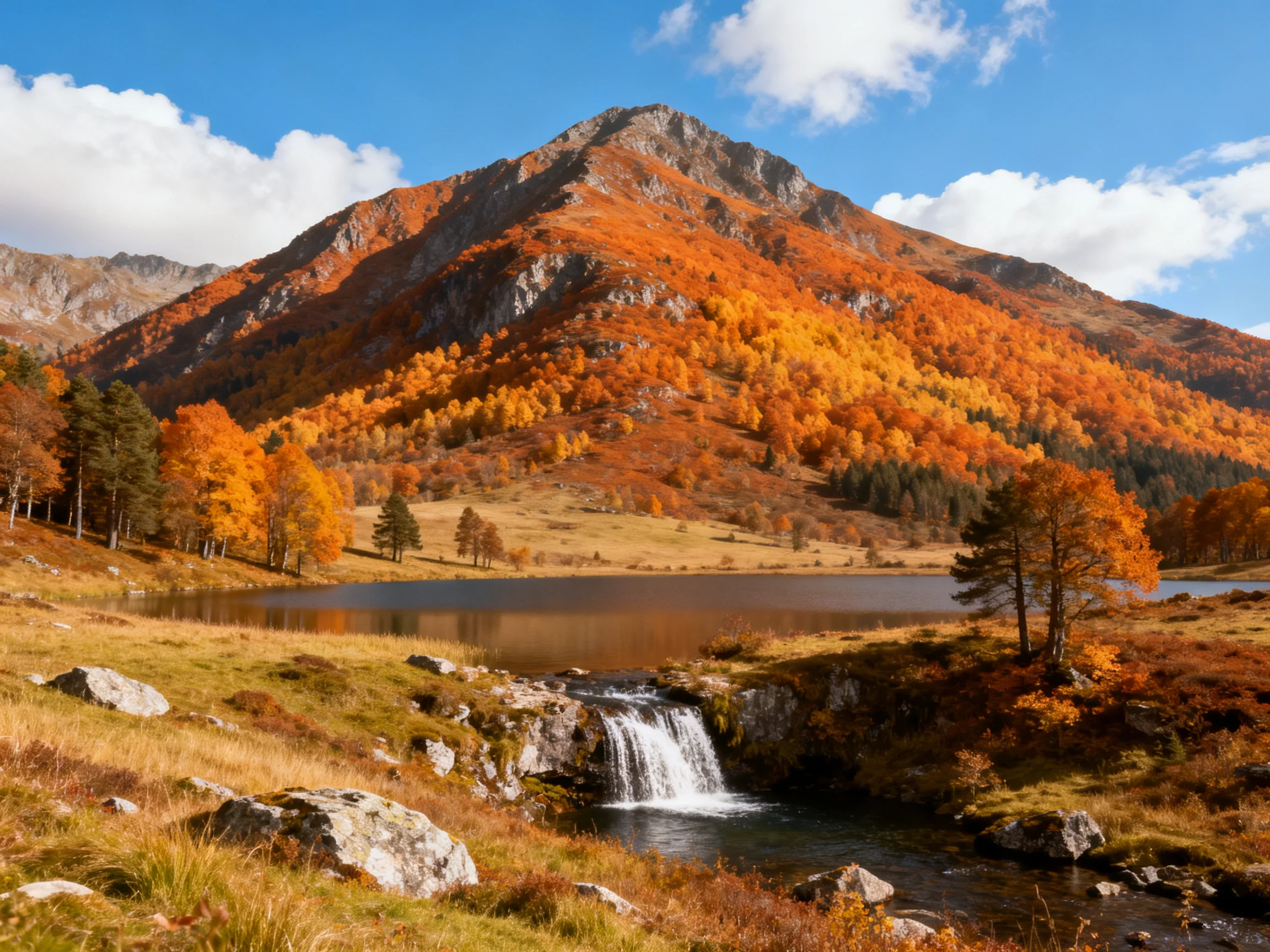 Vibrant Autumn Mountain Scene with Lake and Waterfall