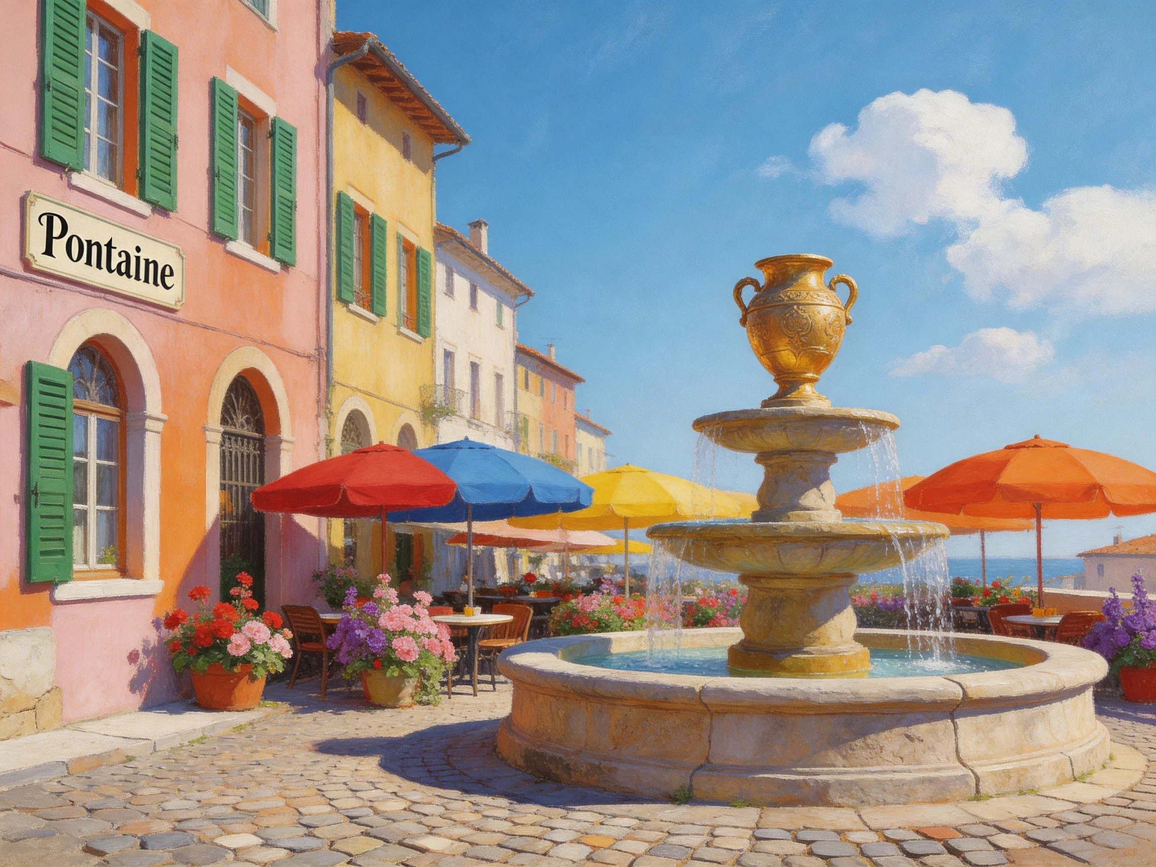 Vibrant European plaza with tiered stone fountain and colorful umbrellas