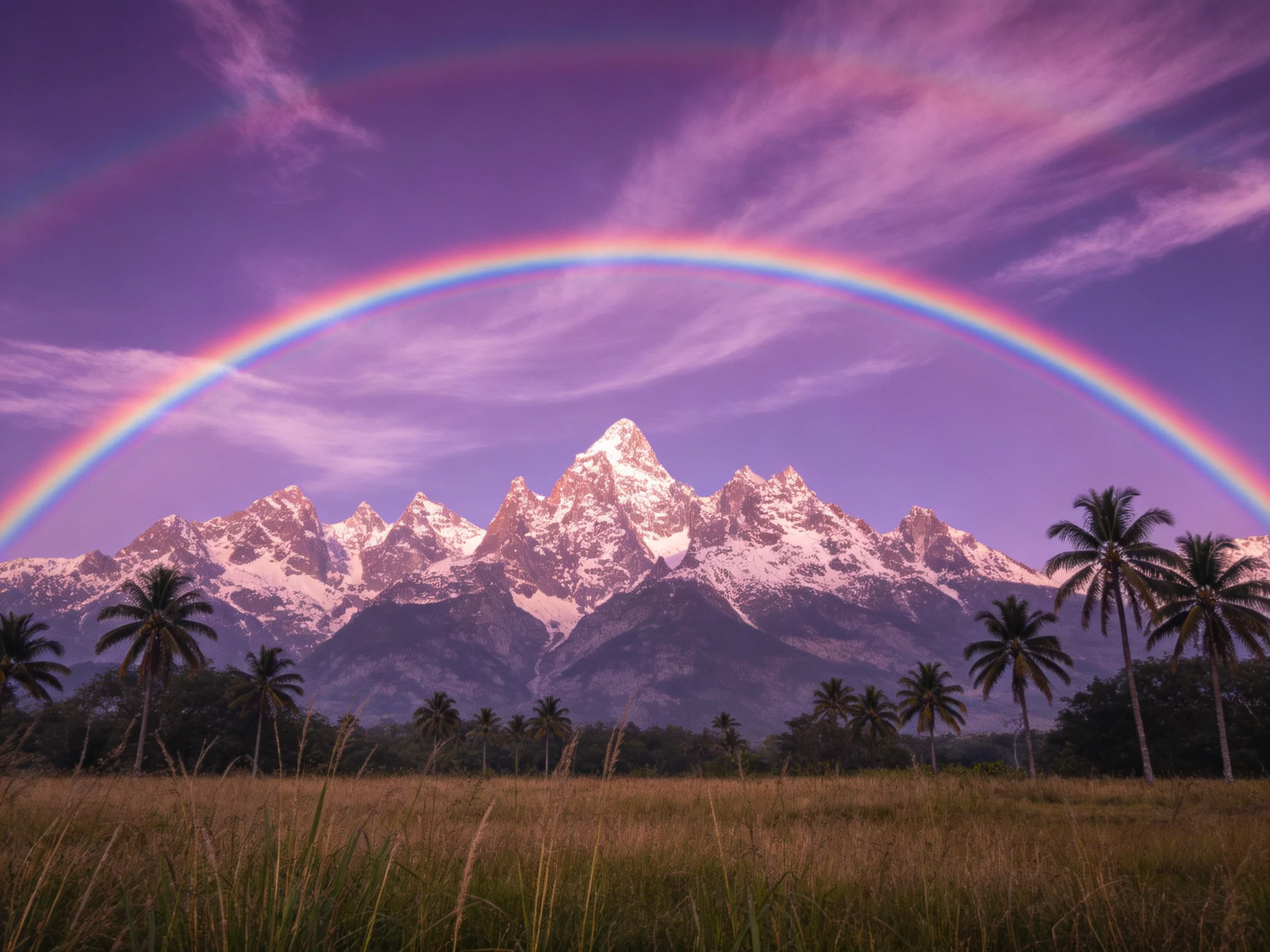 Vibrant Rainbow Over Snow-Capped Peaks With Palm Trees