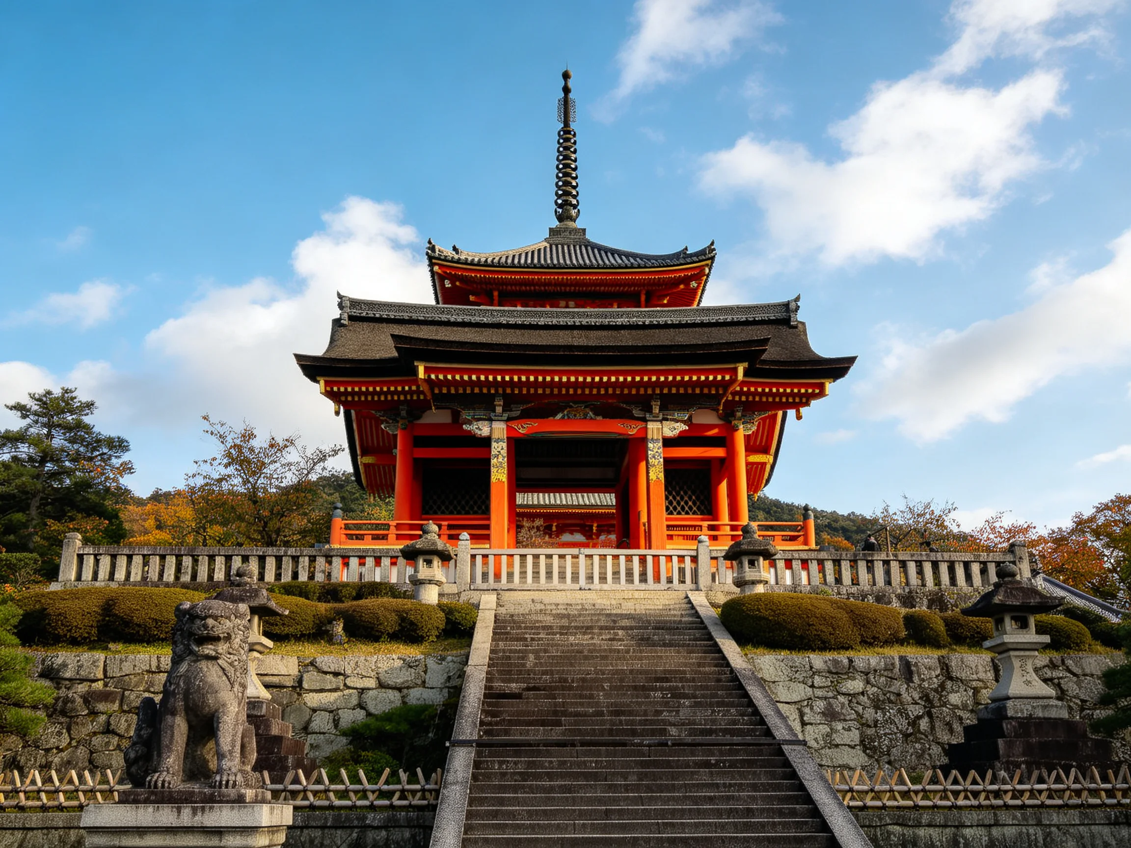 Vibrant Red Pagoda Temple with Stone Stairs