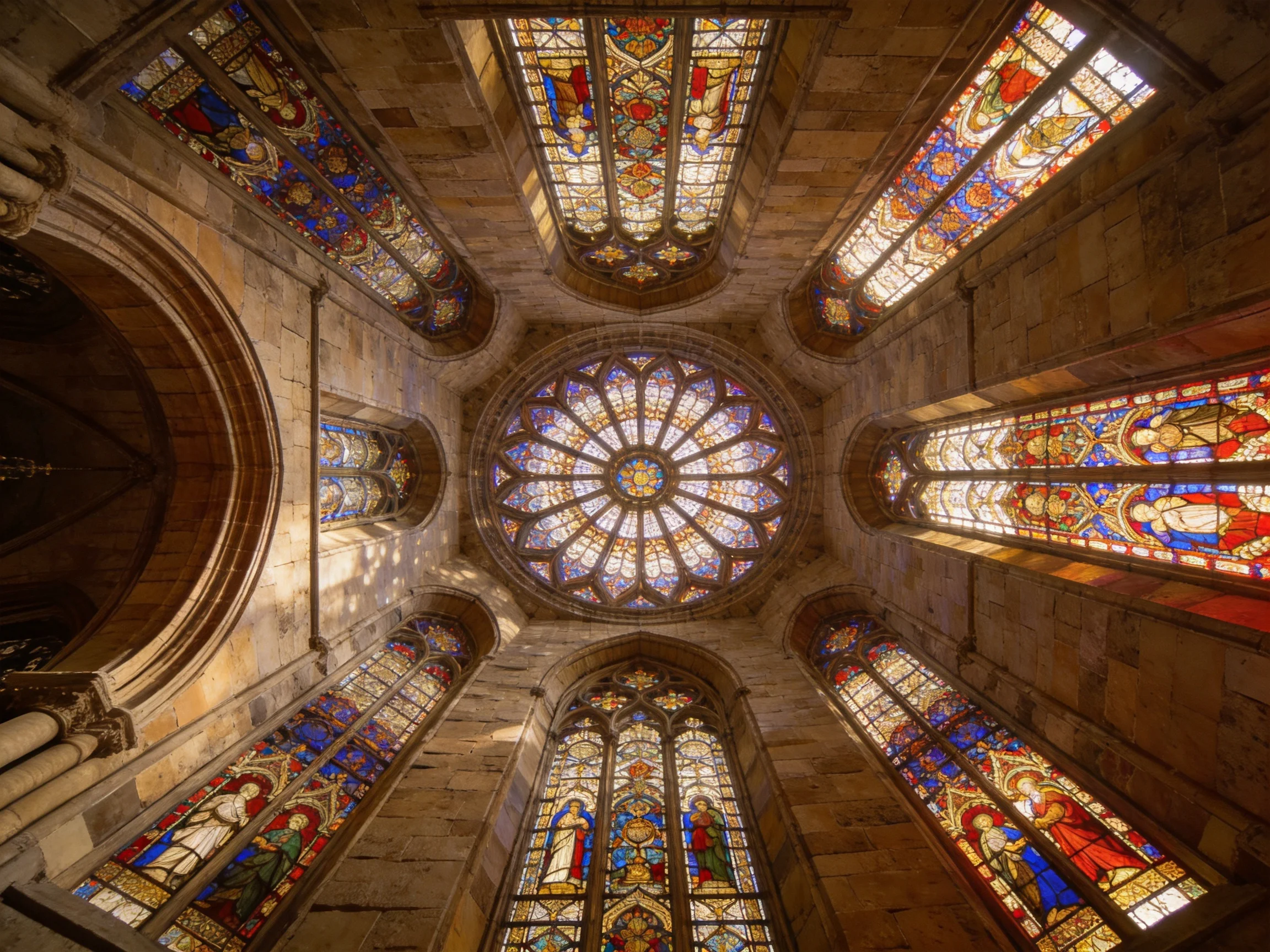Vibrant Stained Glass Windows in Historic Stone Cathedral Interior
