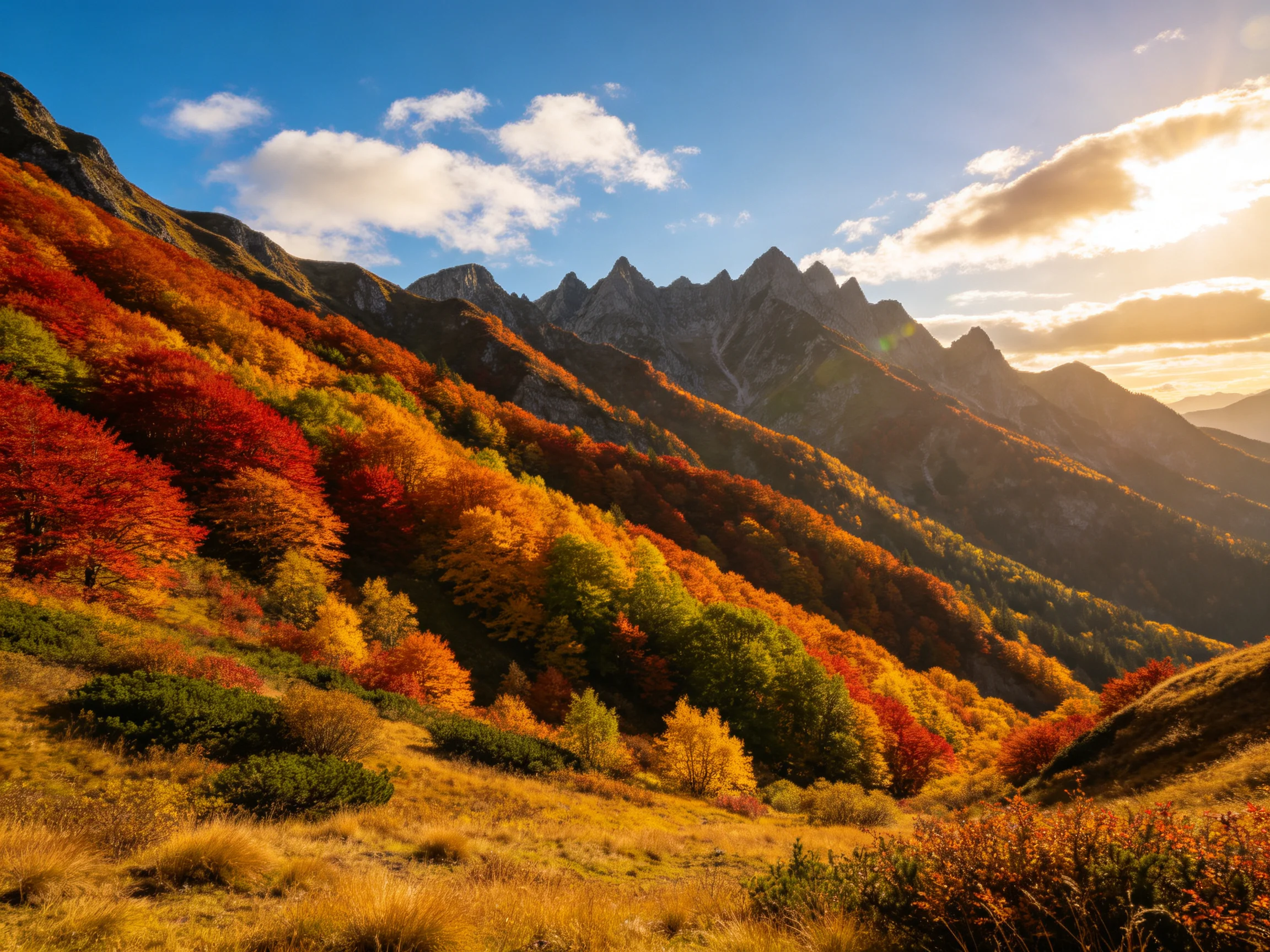 Vibrant autumn foliage blankets mountain slopes near sunlit peaks