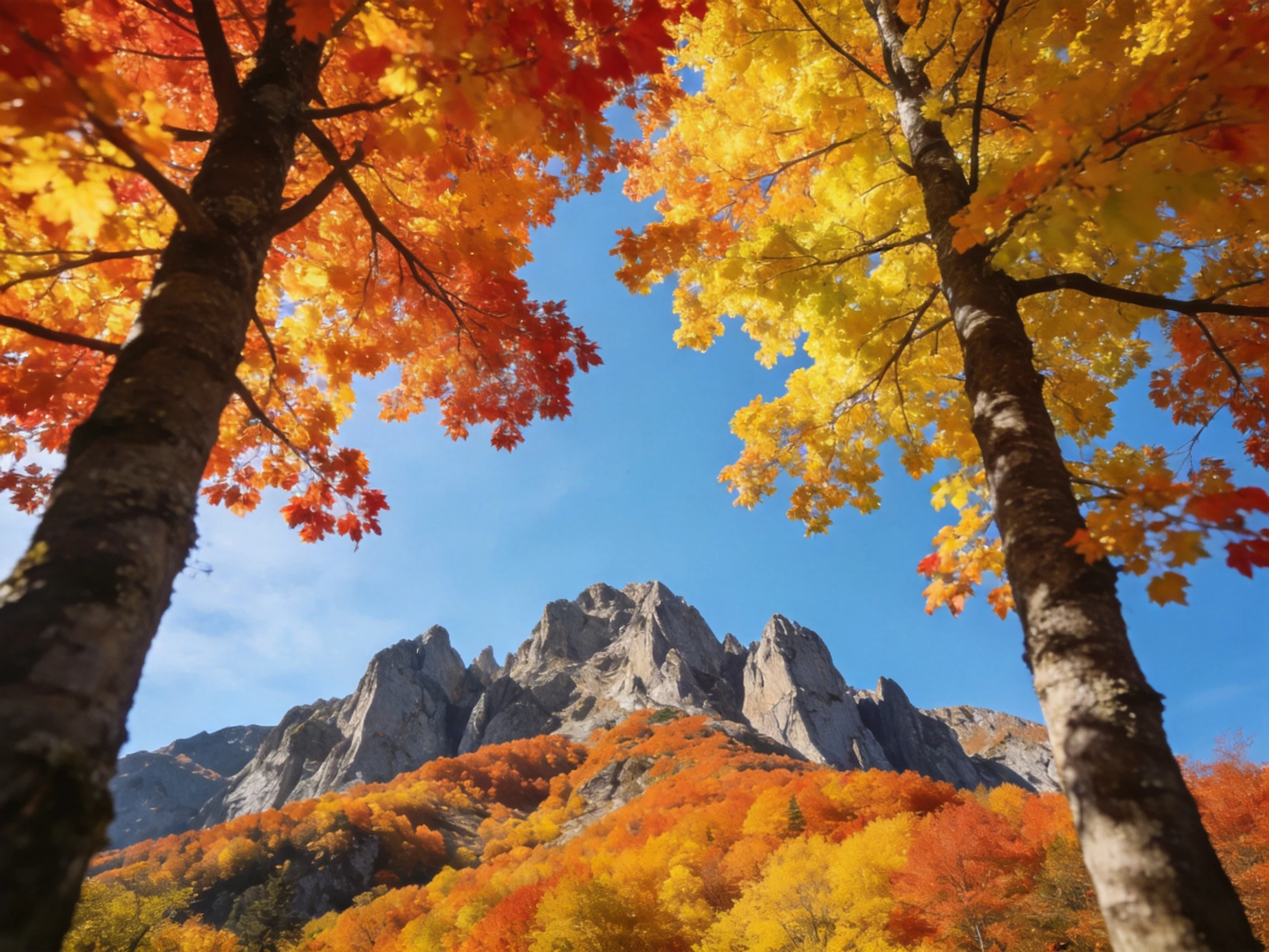 Vibrant autumn foliage frames rugged mountain peaks against a clear blue sky