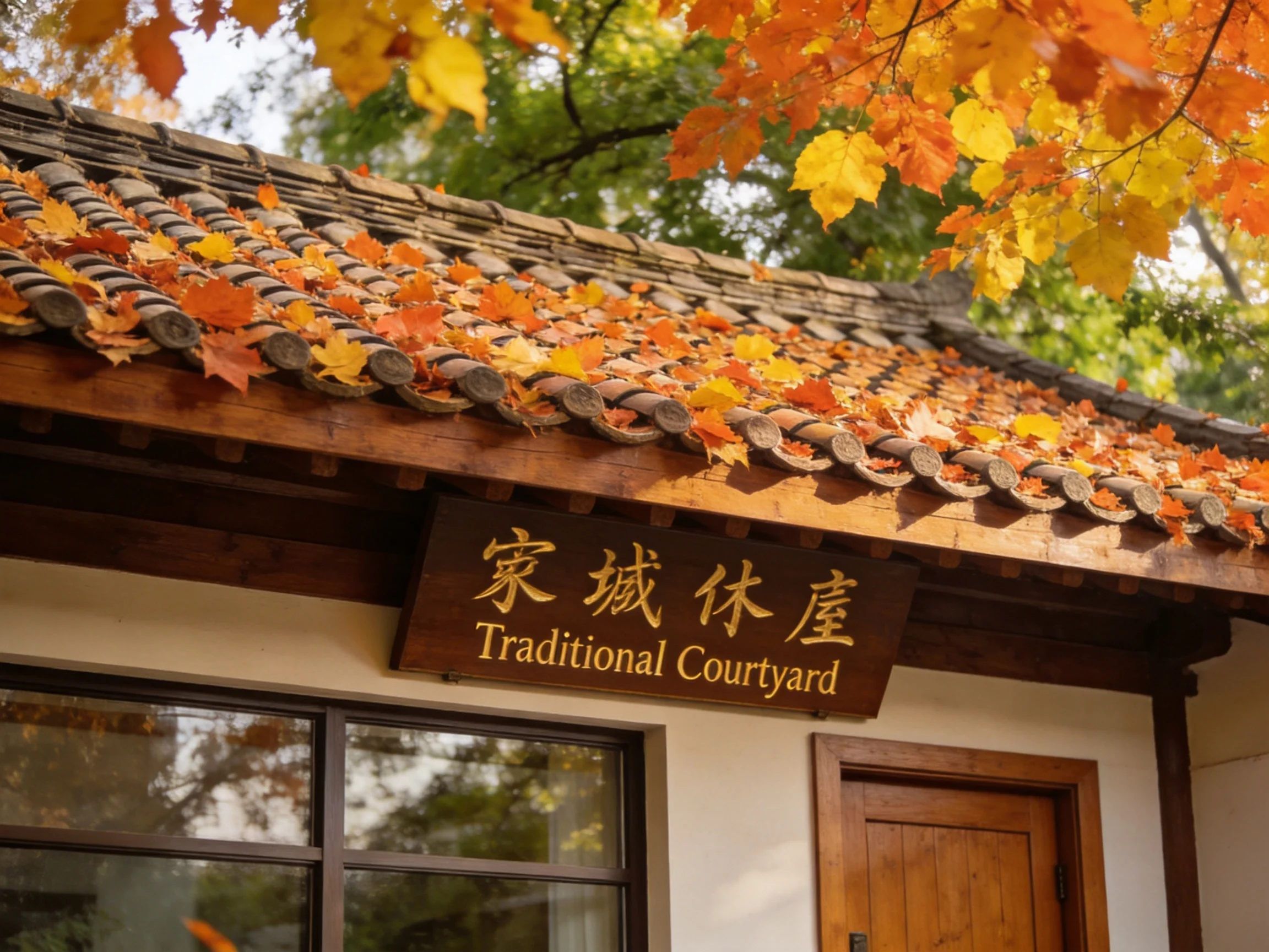 Vibrant autumn leaves adorn a traditional courtyard’s tiled roof