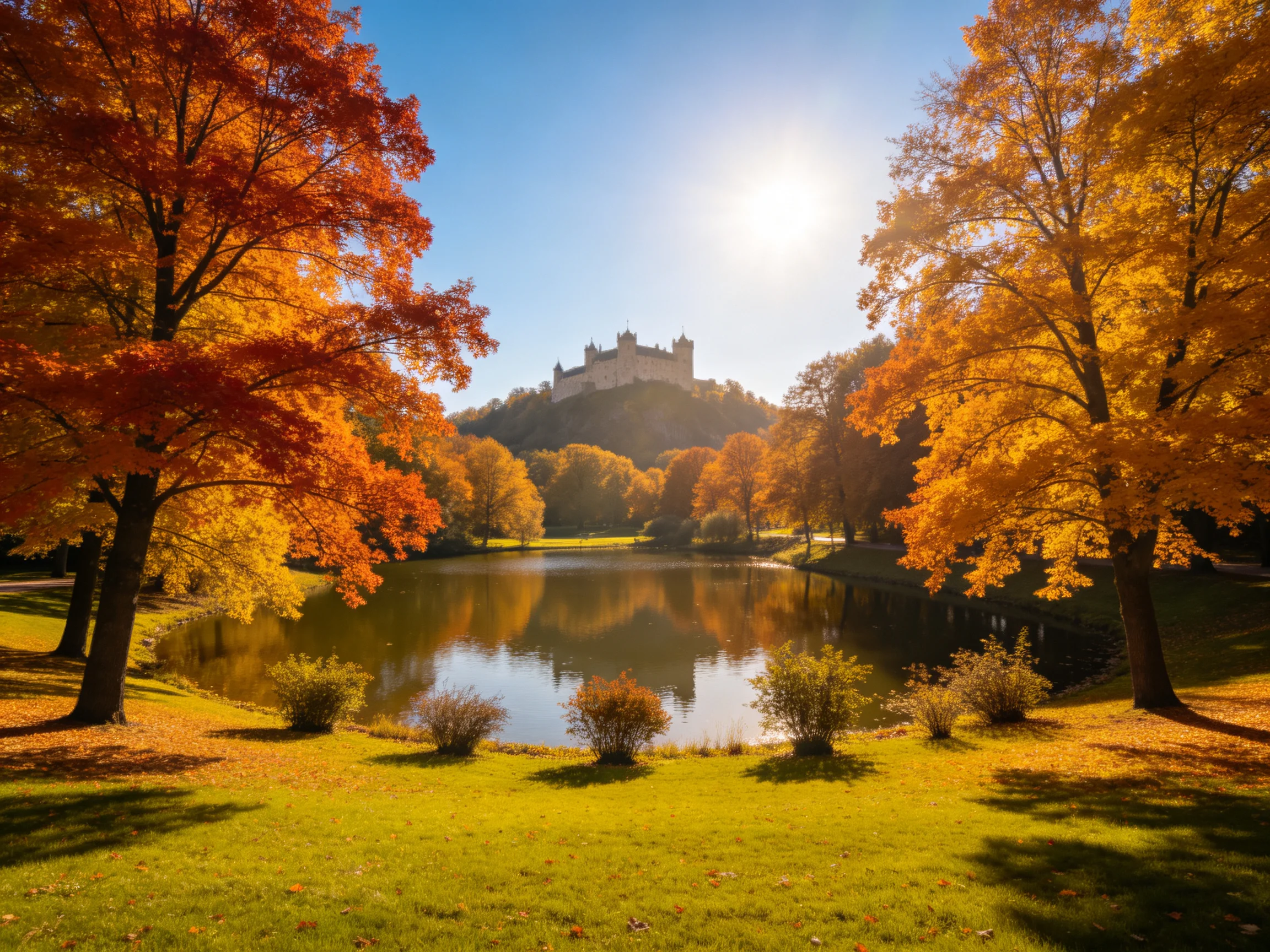 Vibrant autumn trees in orange and gold frame a lake with a historic castle