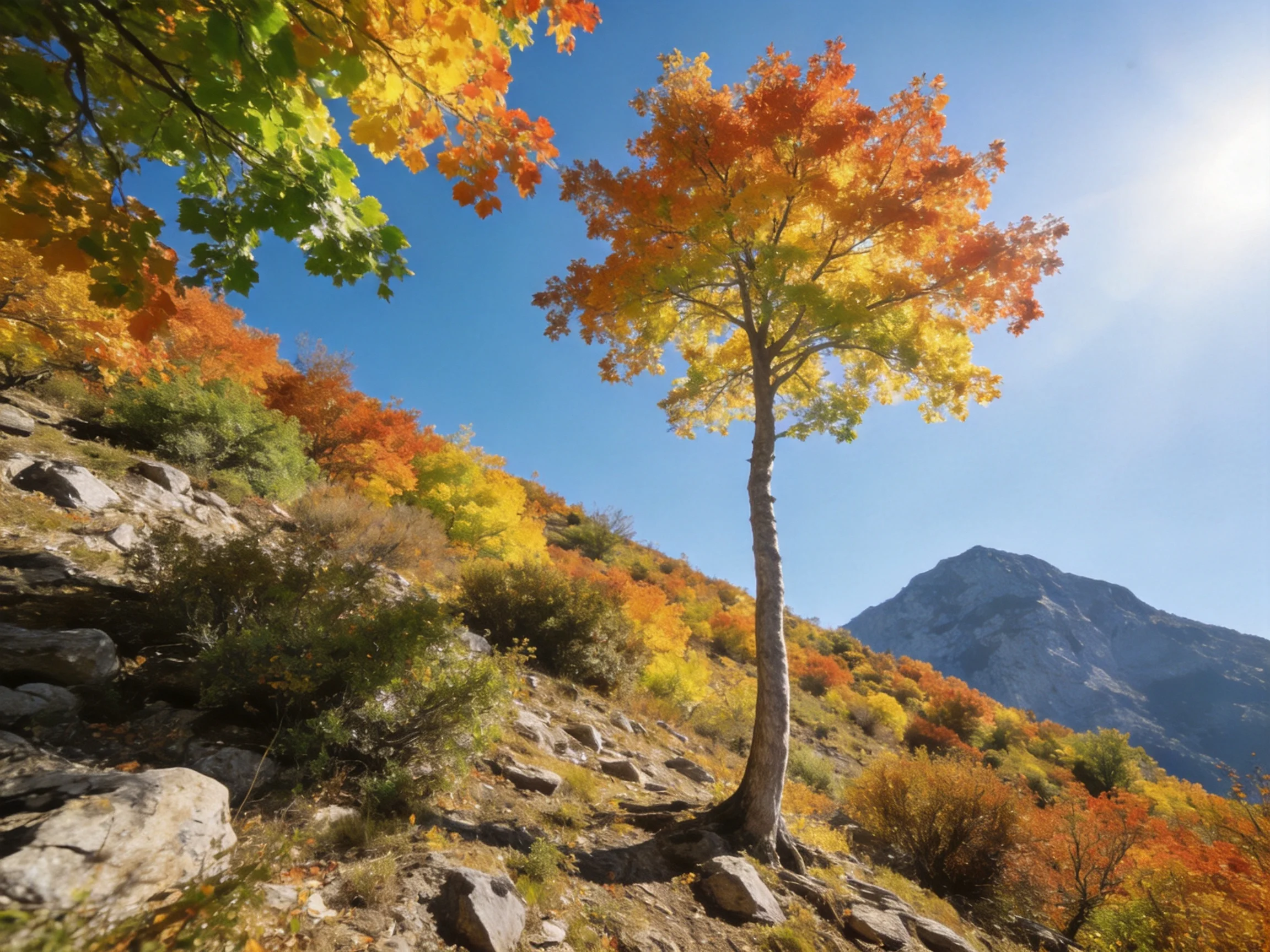 Vibrant autumn trees on rocky hillside near mountain