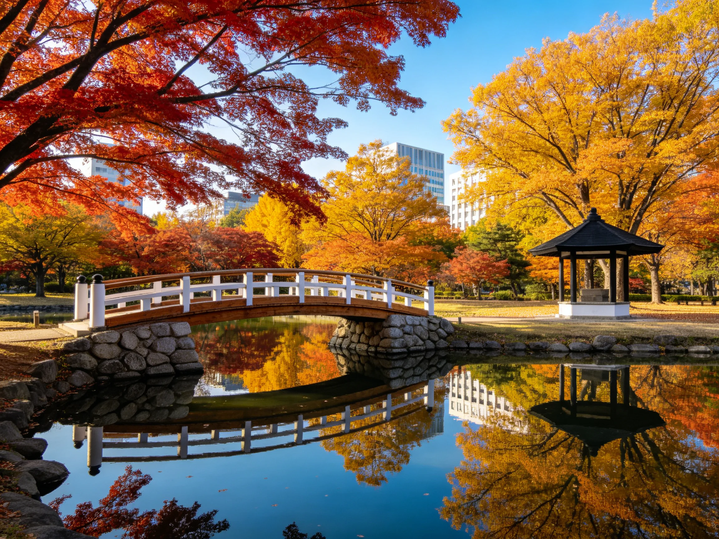 Vibrant autumn trees surround a white-rail bridge over calm water