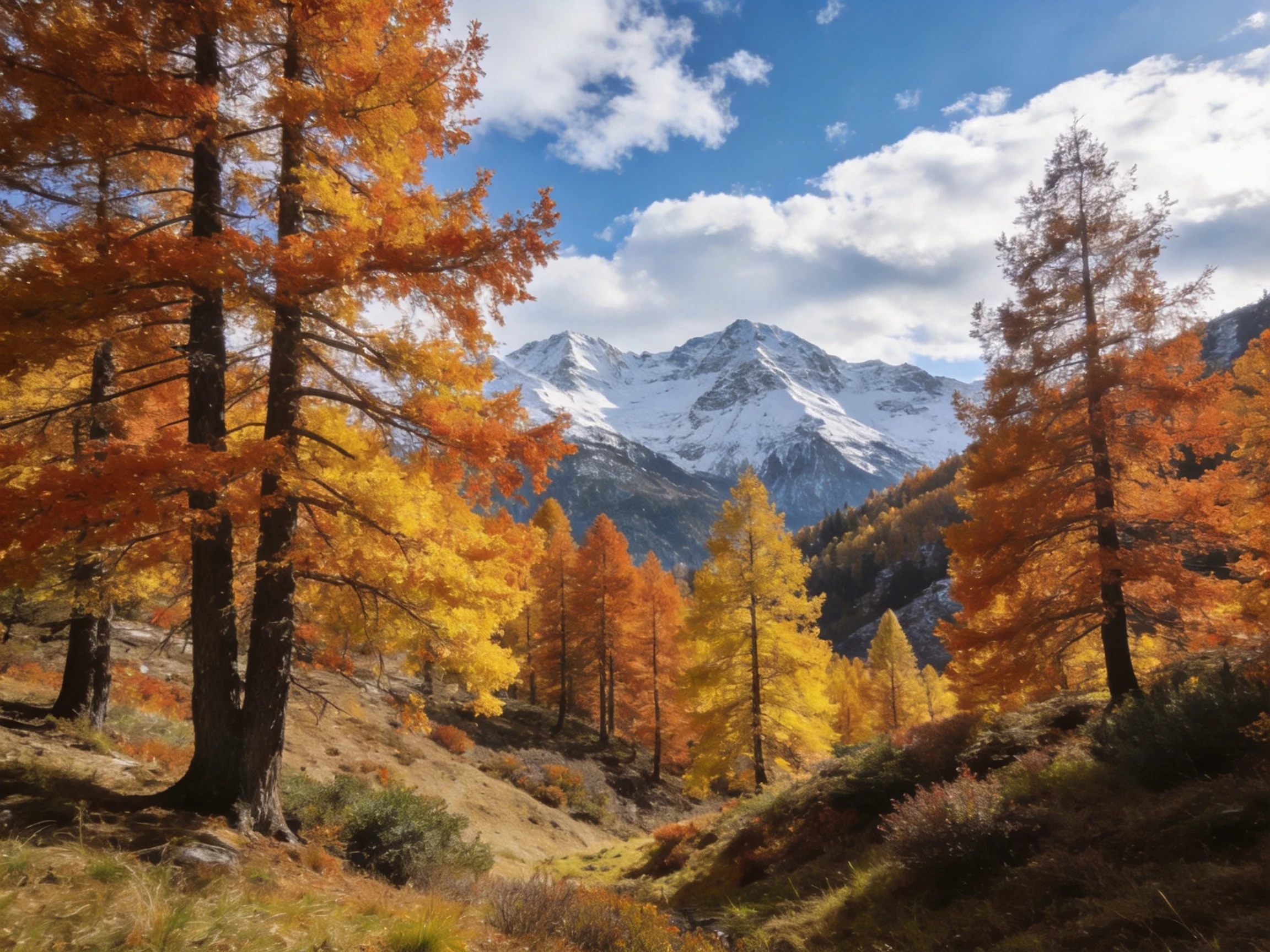Vibrant autumn trees with golden-orange foliage near snow-capped mountains