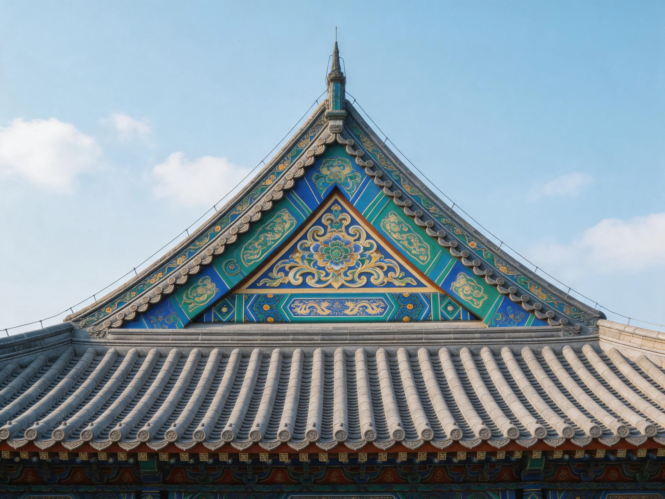 Vibrant blue and green ornate roof of traditional temple structure