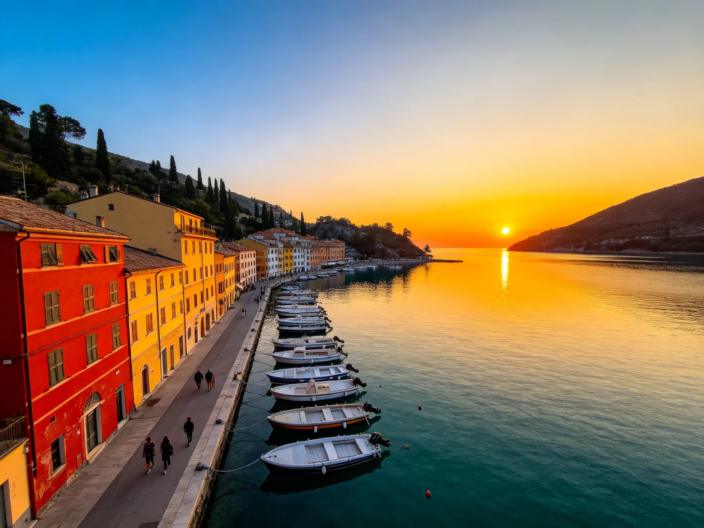 Vibrant buildings border a harbor with boats under a glowing sunset sky