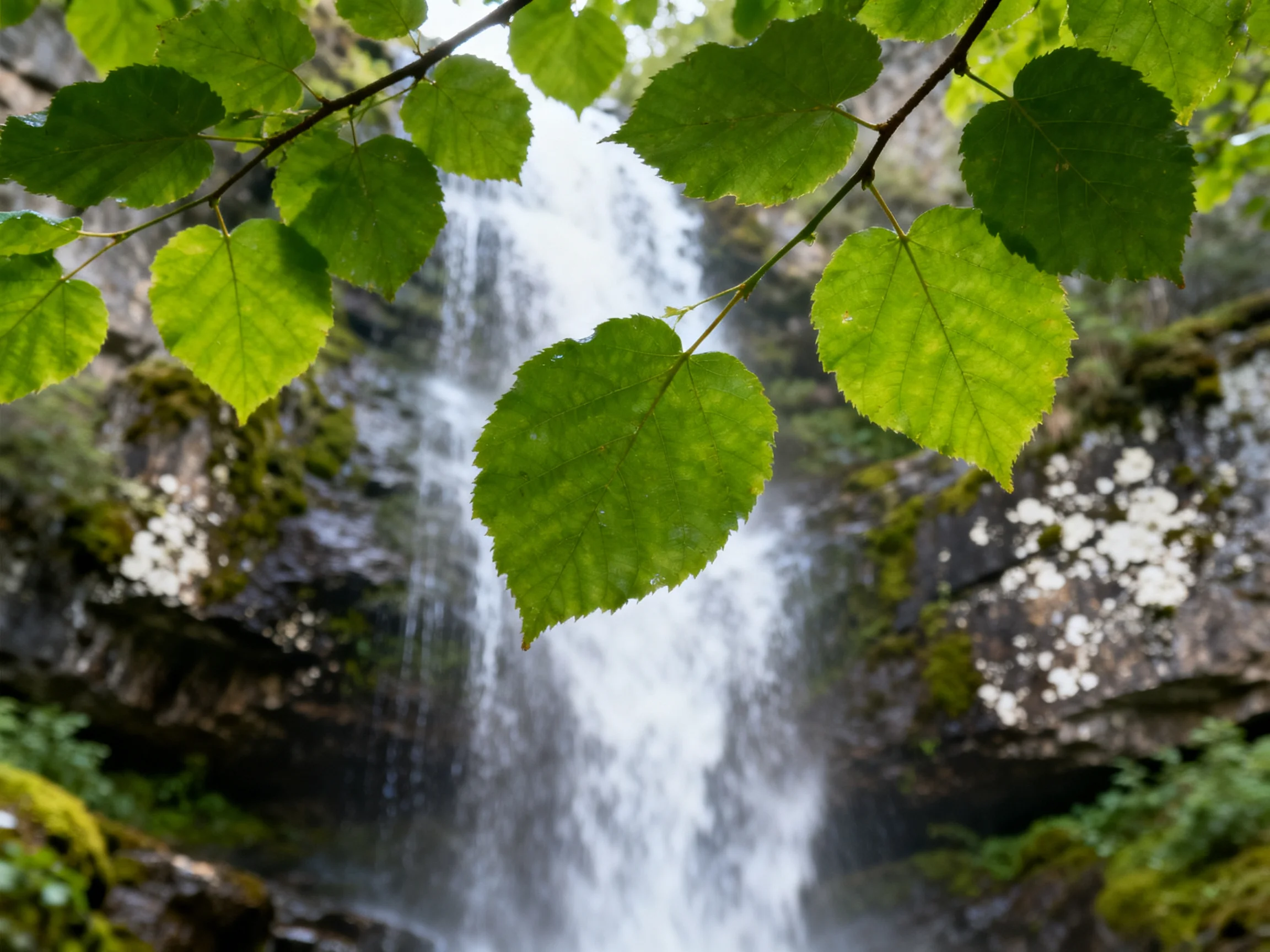 Vibrant green leaves frame a cascading waterfall with moss-covered rocks