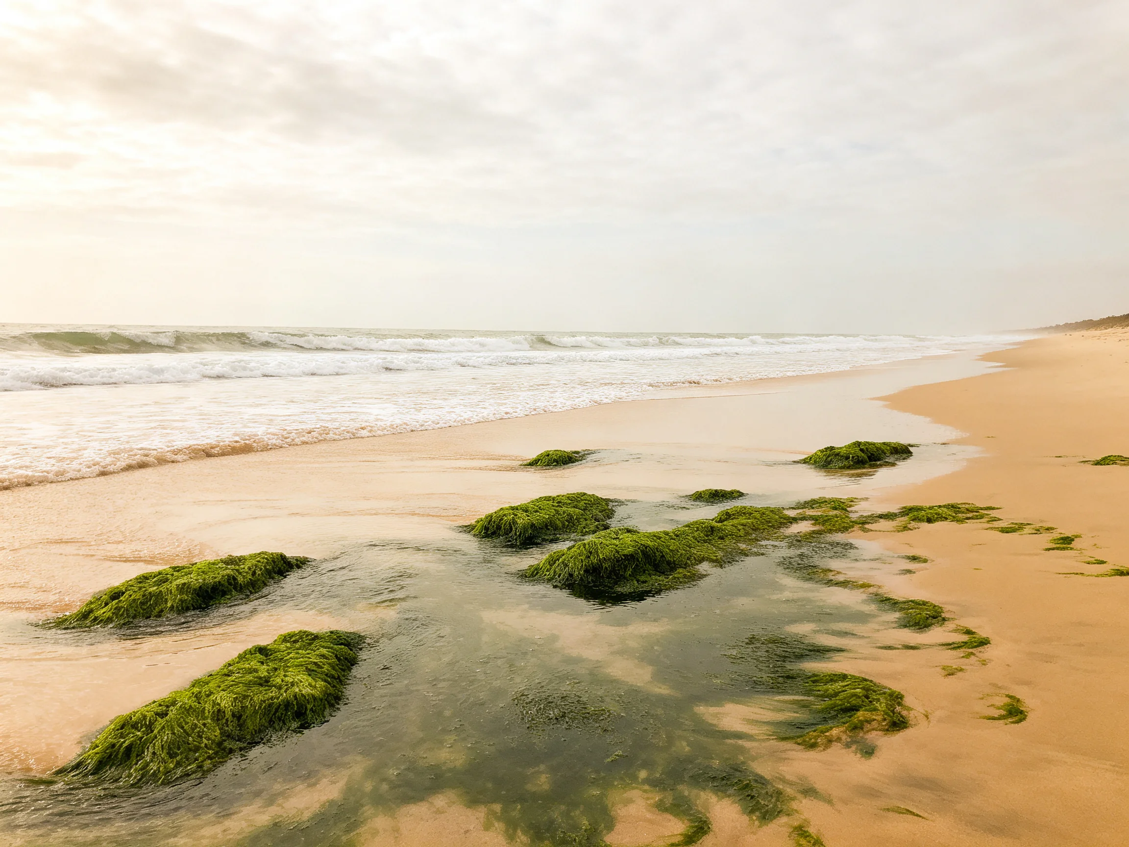 Vibrant green moss covers rocks along a sandy shoreline with gentle ocean waves