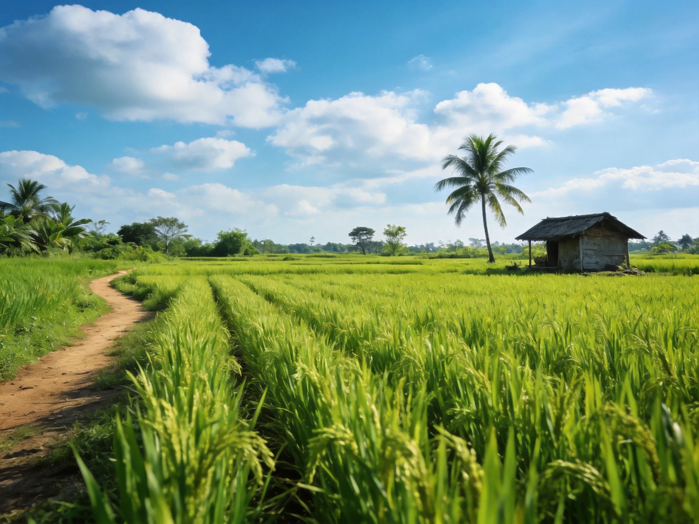 Vibrant green rice fields with a dirt path, palm tree, and rustic hut