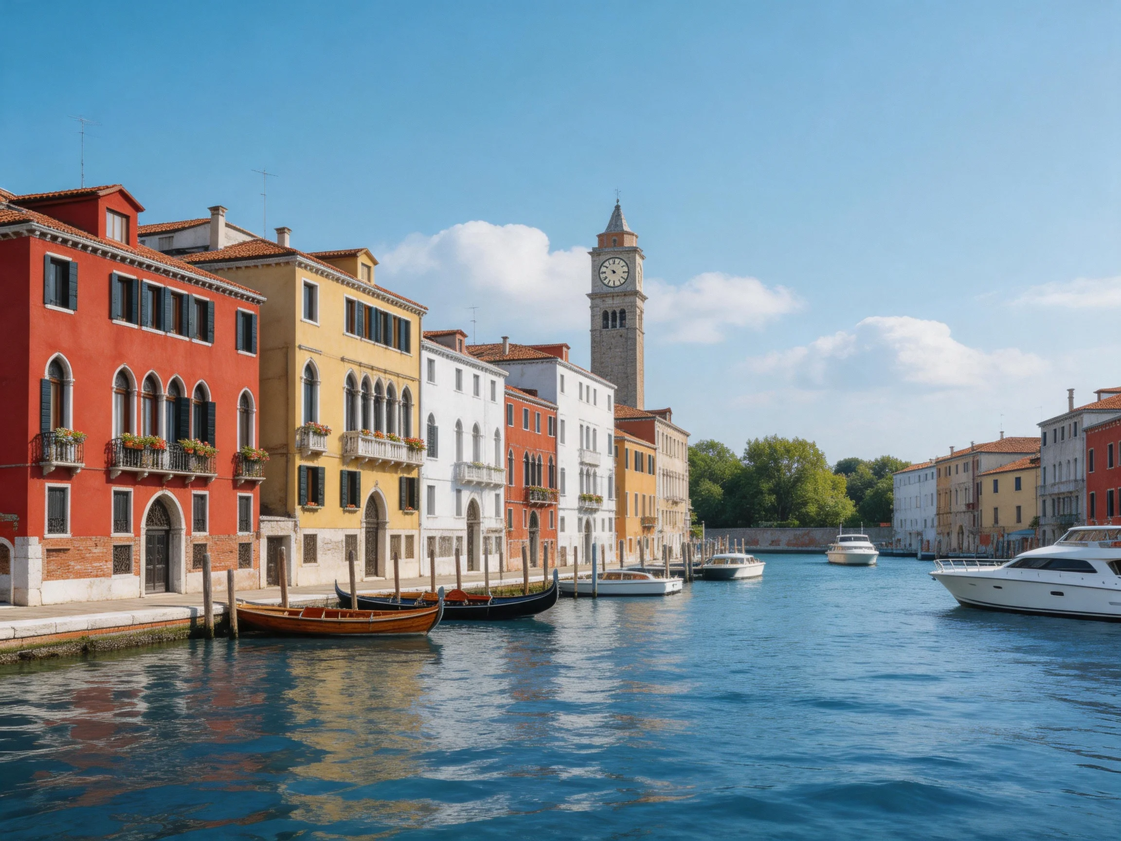 Vibrant historic buildings border a calm canal with moored boats