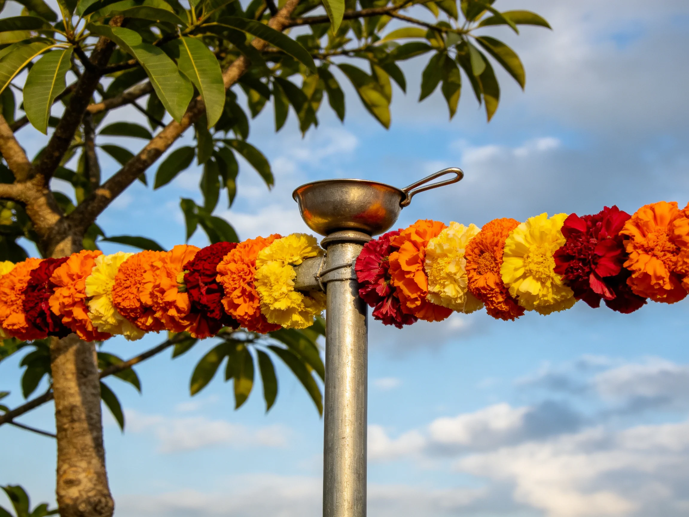Vibrant marigold and rose garlands wrap around a metal post beside a tree.