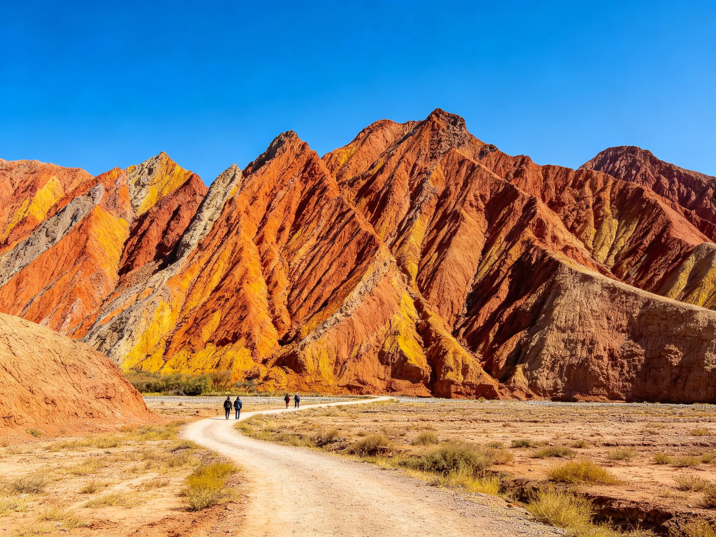 Vibrant multicolored layered mountains with hikers on a dirt path