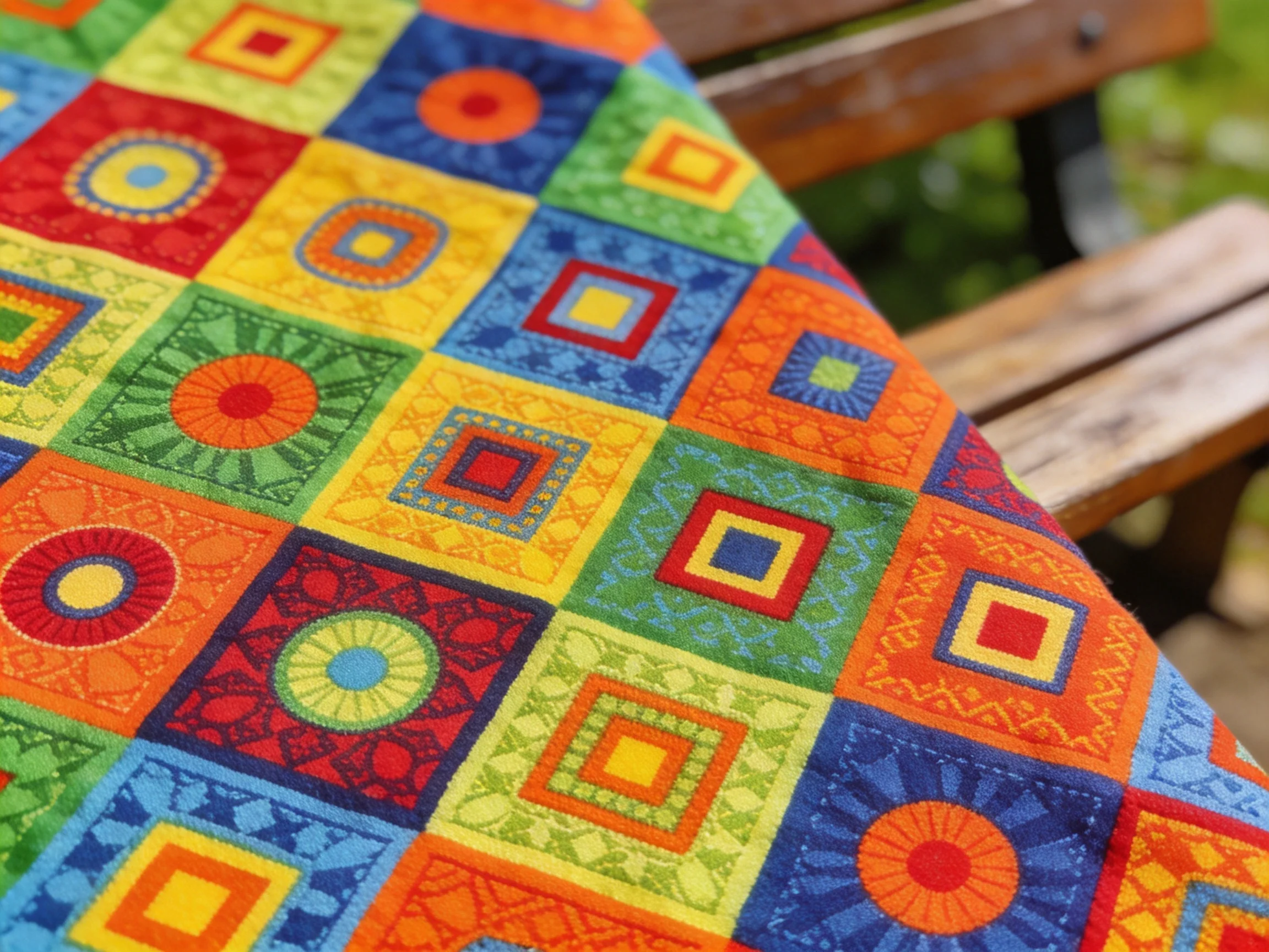 Vibrant multicolored patchwork fabric draped over wooden bench