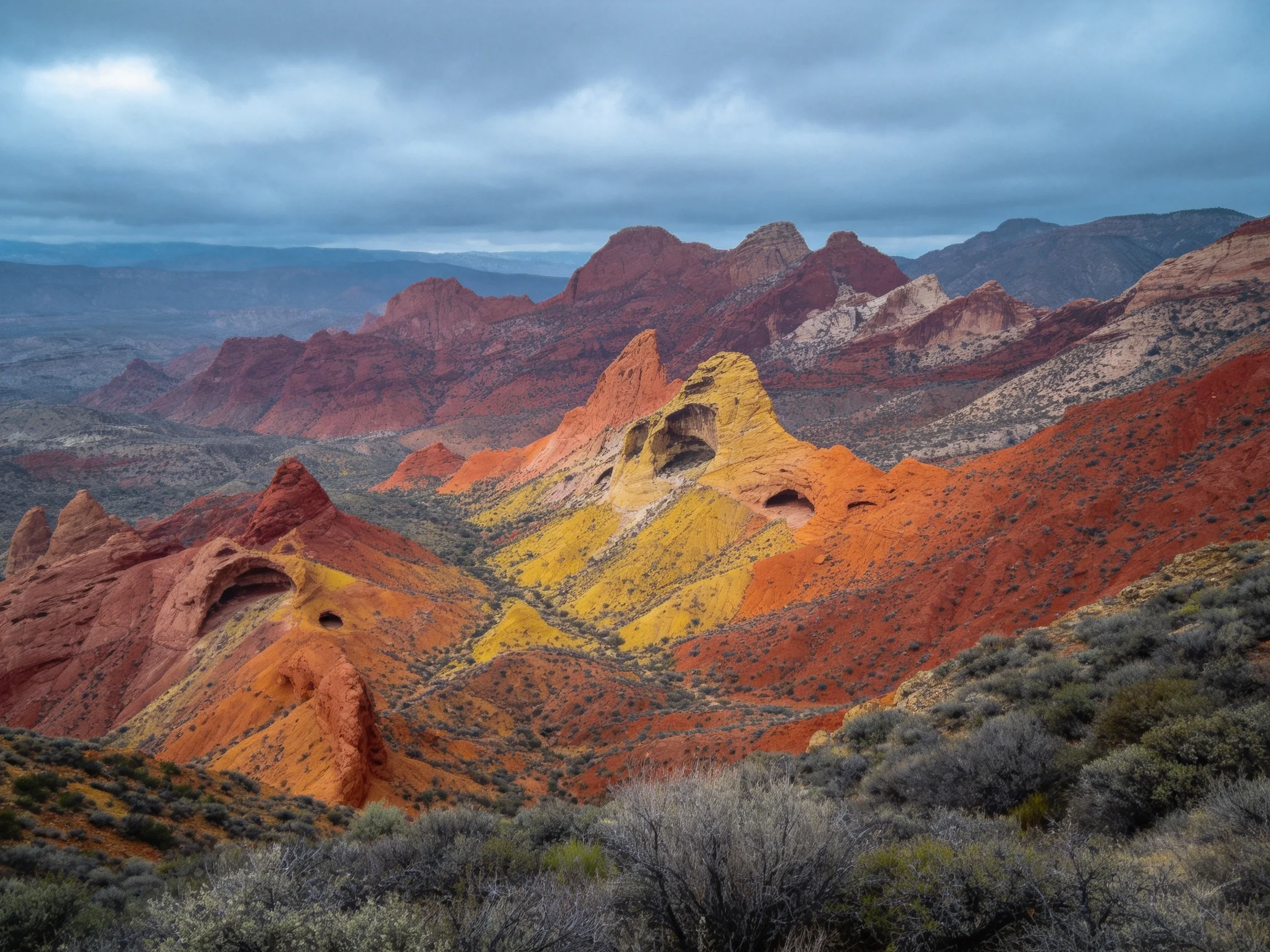 Vibrant multicolored rock formations in a vast desert landscape