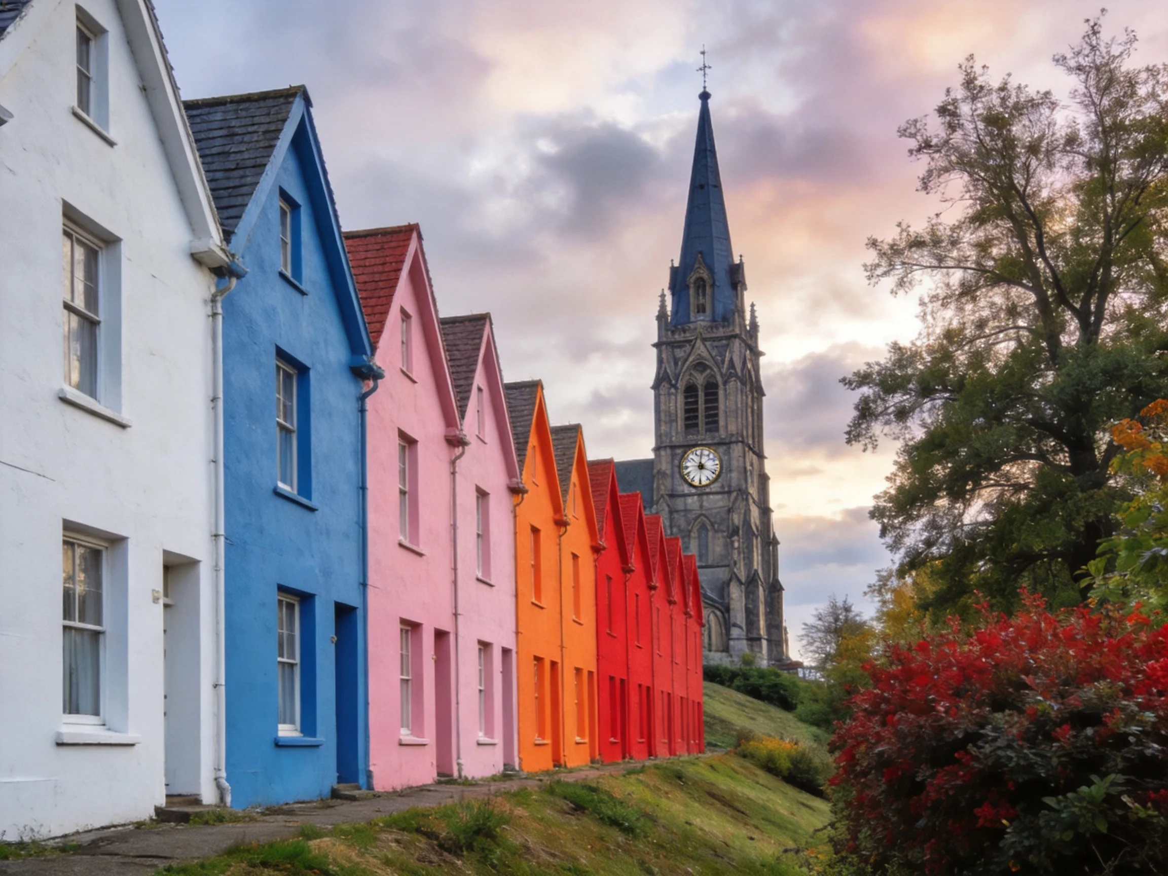 Vibrant multicolored rowhouses alongside a historic clock tower