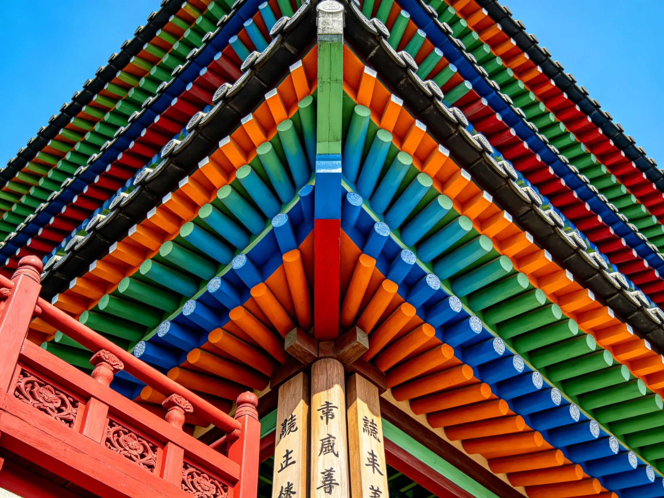 Vibrant multicolored wooden beams form intricate patterns on an ancient architectural corner