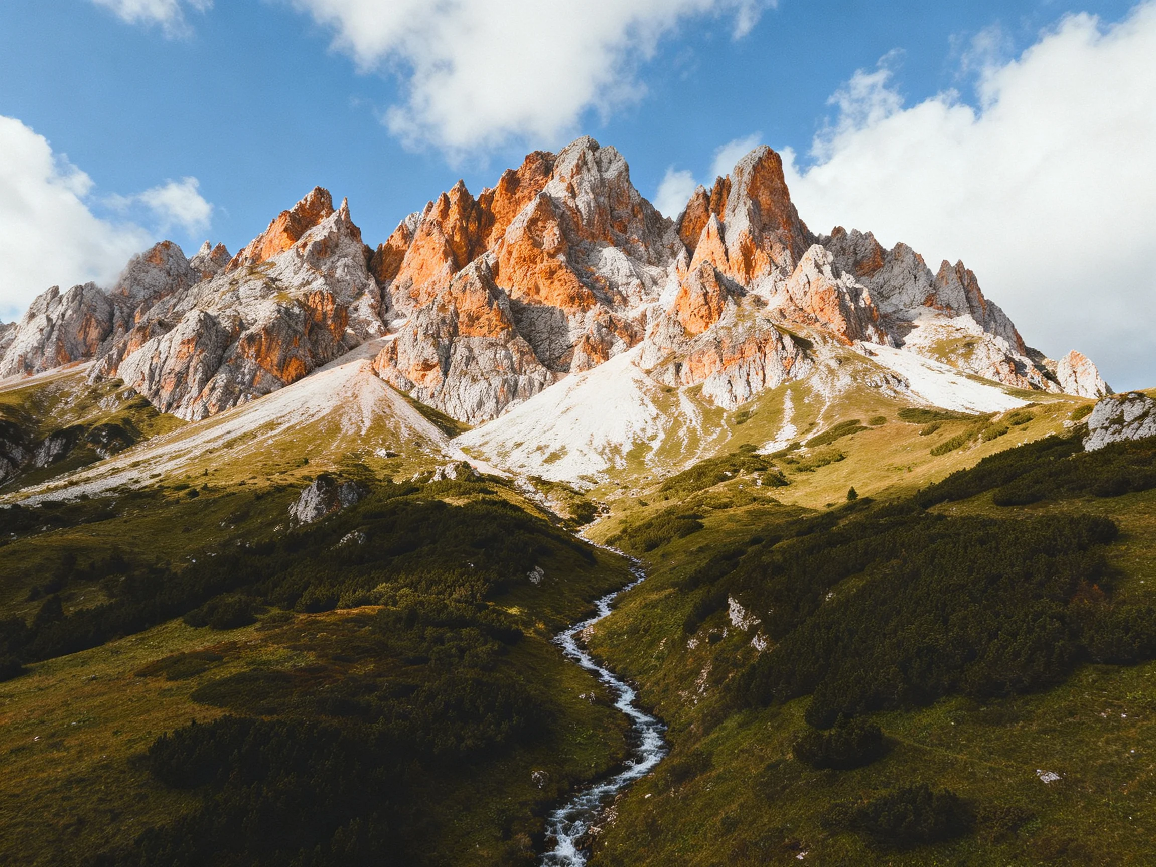 Vibrant orange-brown mountain peaks rise over lush green valleys under bright blue skies