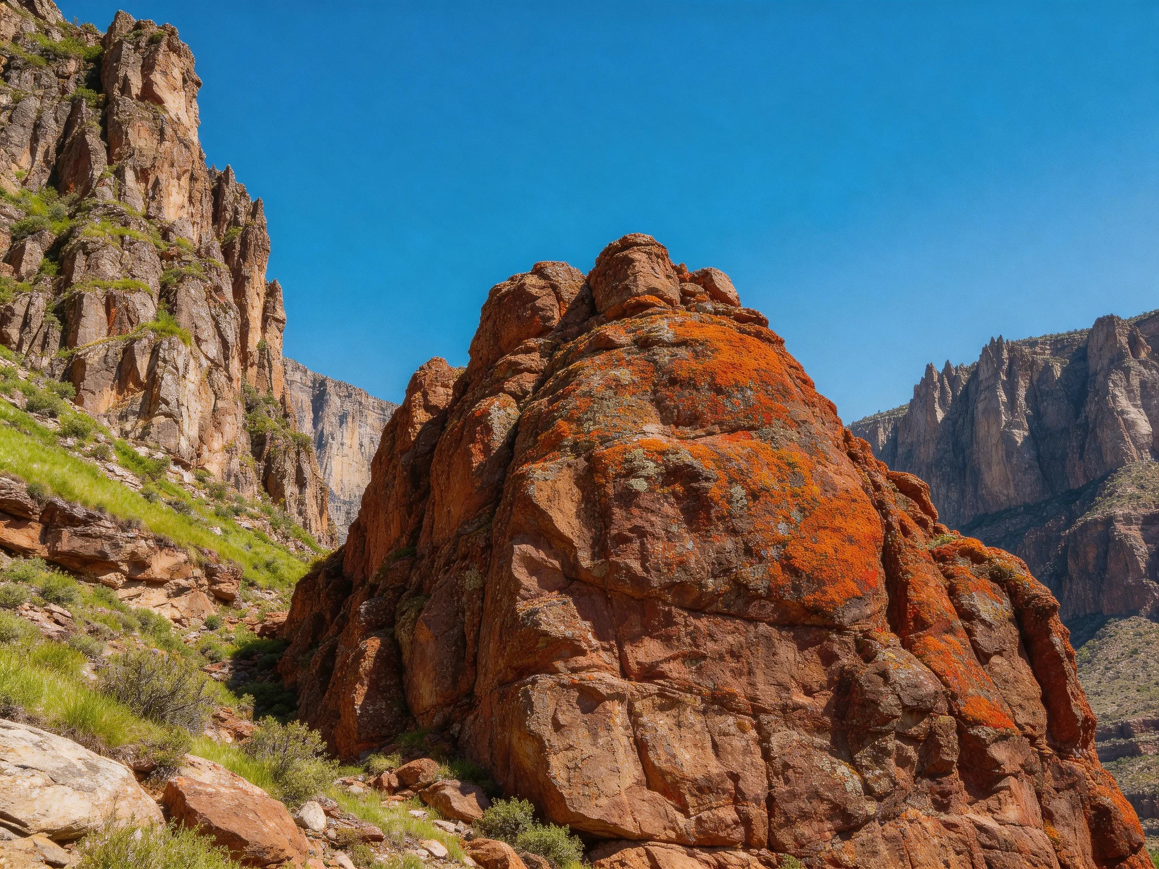 Vibrant orange rock formation amid towering brown cliffs under clear blue sky