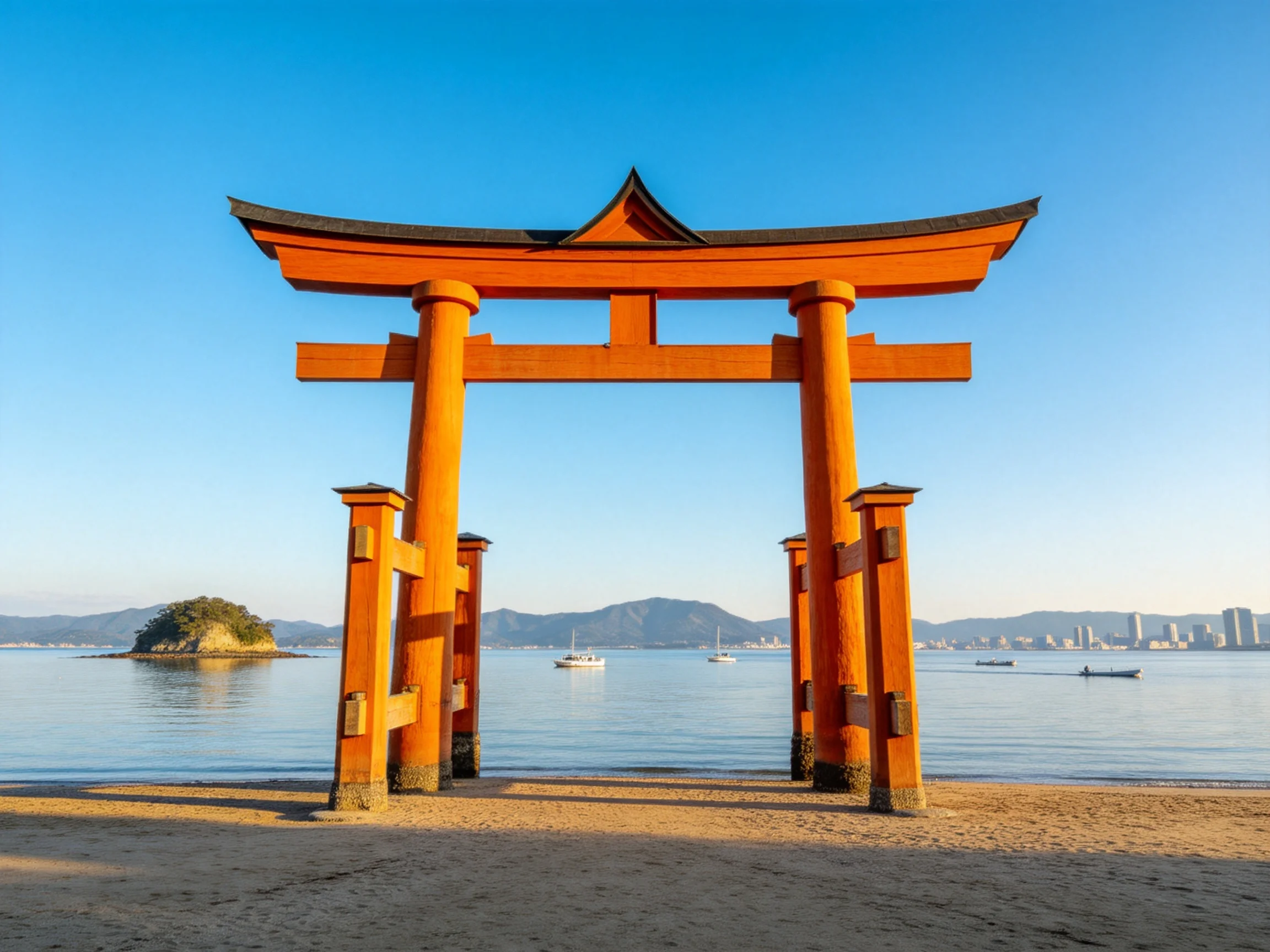 Vibrant orange torii gate on sandy beach by calm waters