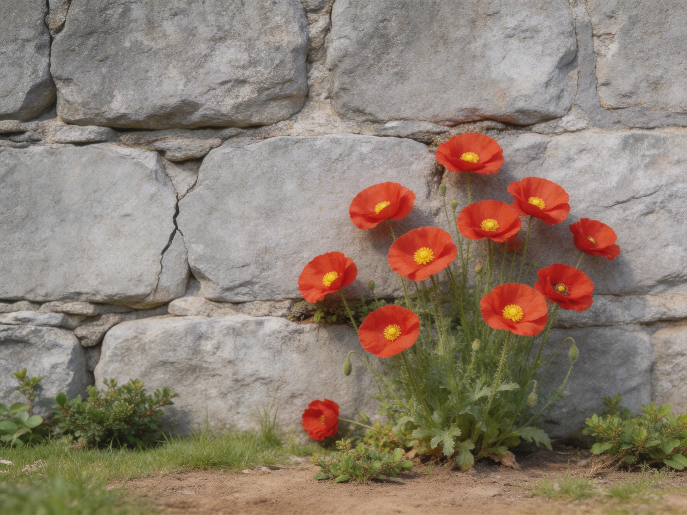 Vibrant red poppies cluster beside weathered gray stone blocks