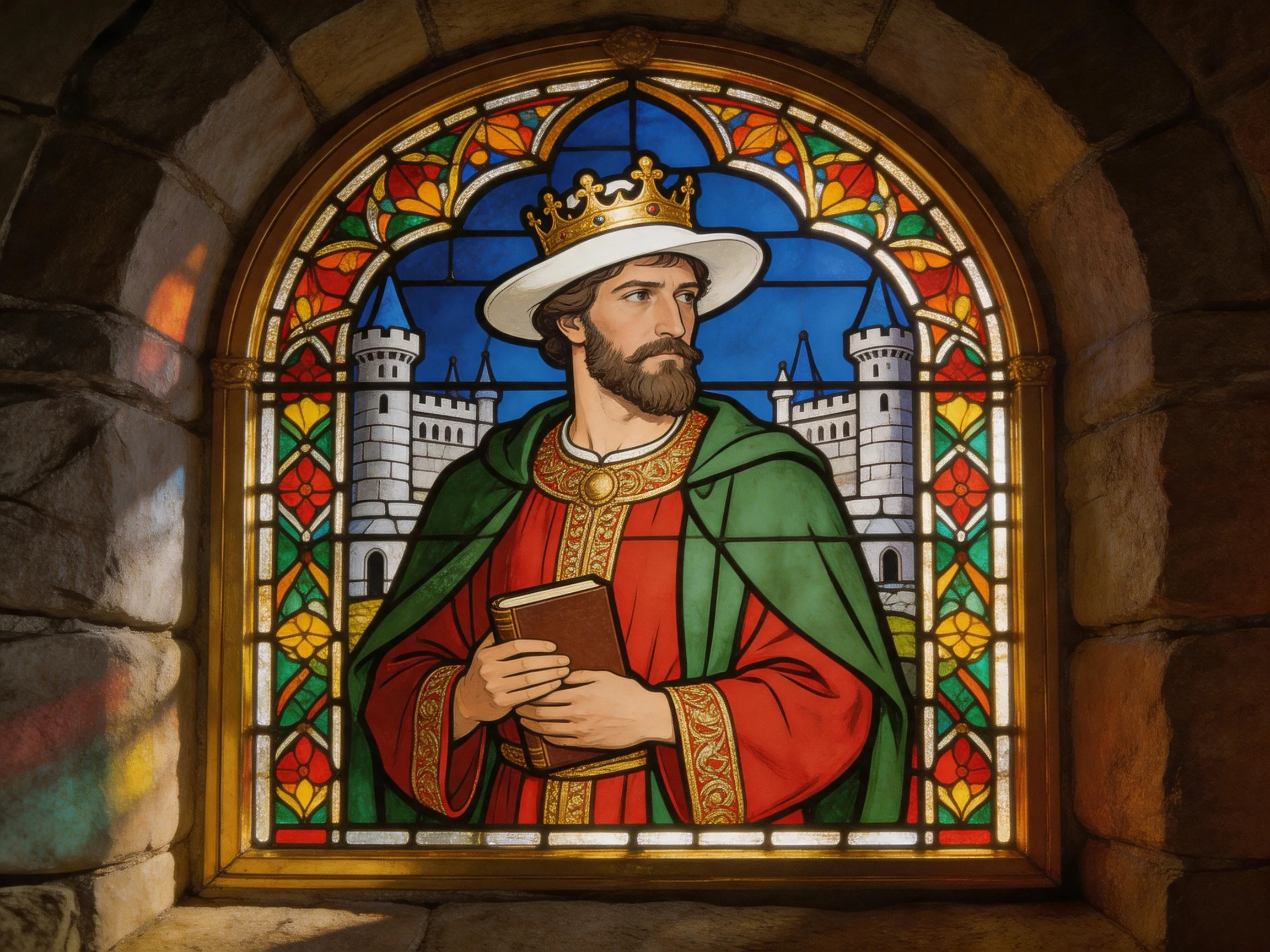 Vibrant stained glass depiction of a crowned medieval ruler