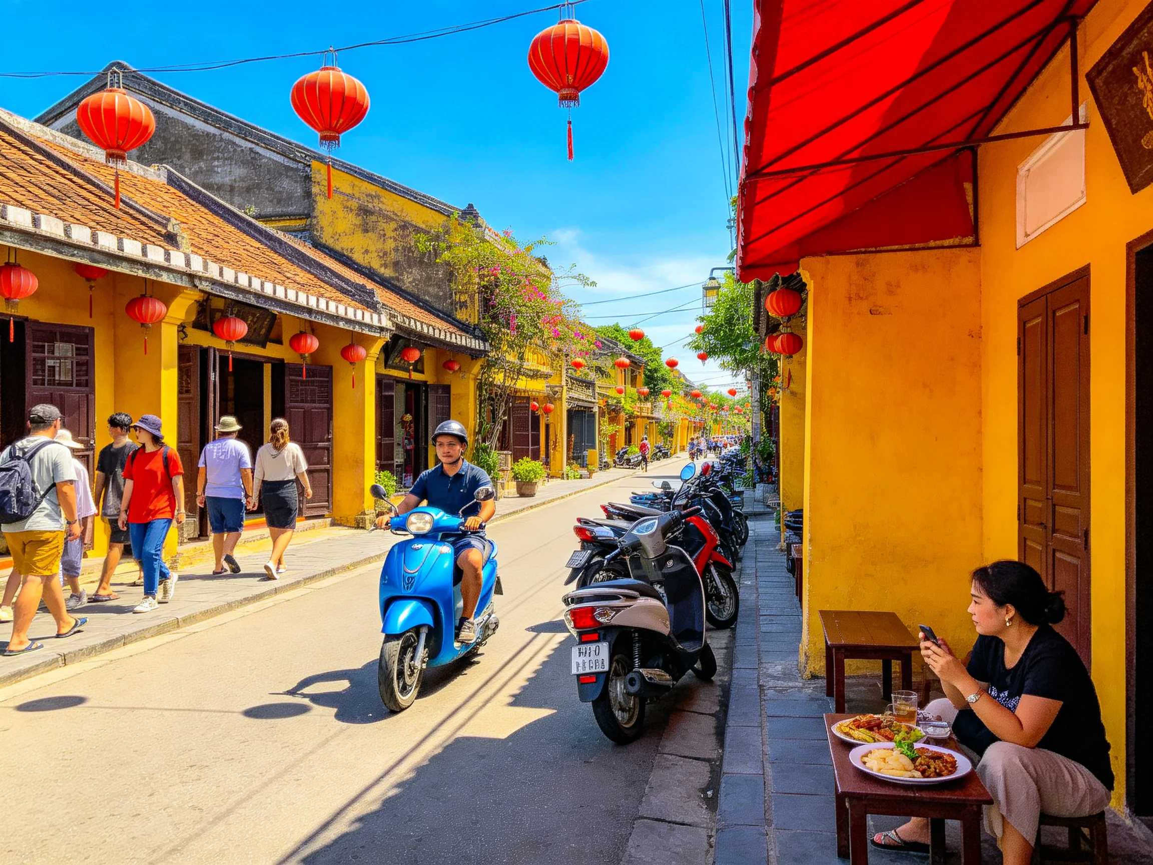 Vibrant street with yellow buildings, red lanterns, and scooters