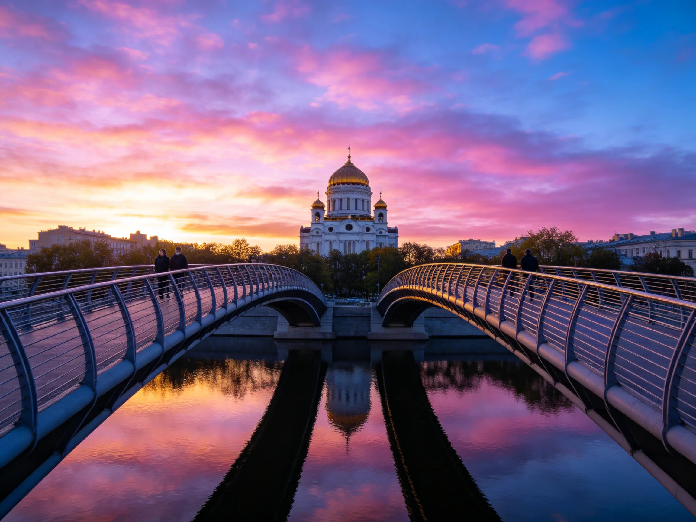 Vibrant sunset over two curved bridges leading to a golden-domed cathedral