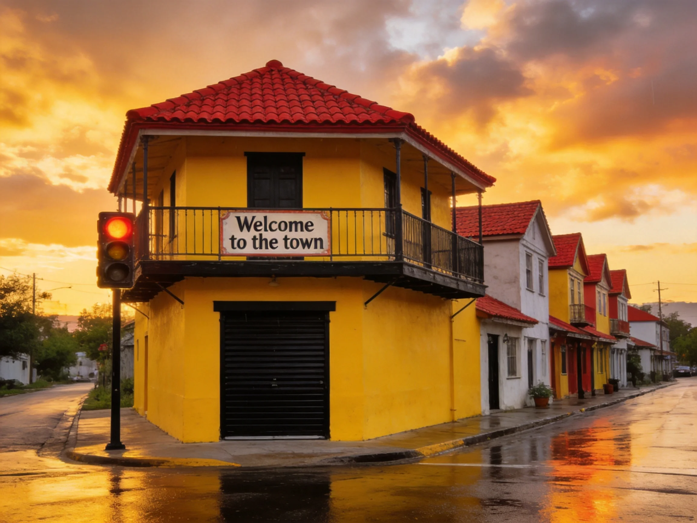 Vibrant town corner featuring a bright yellow building with red roof at sunset