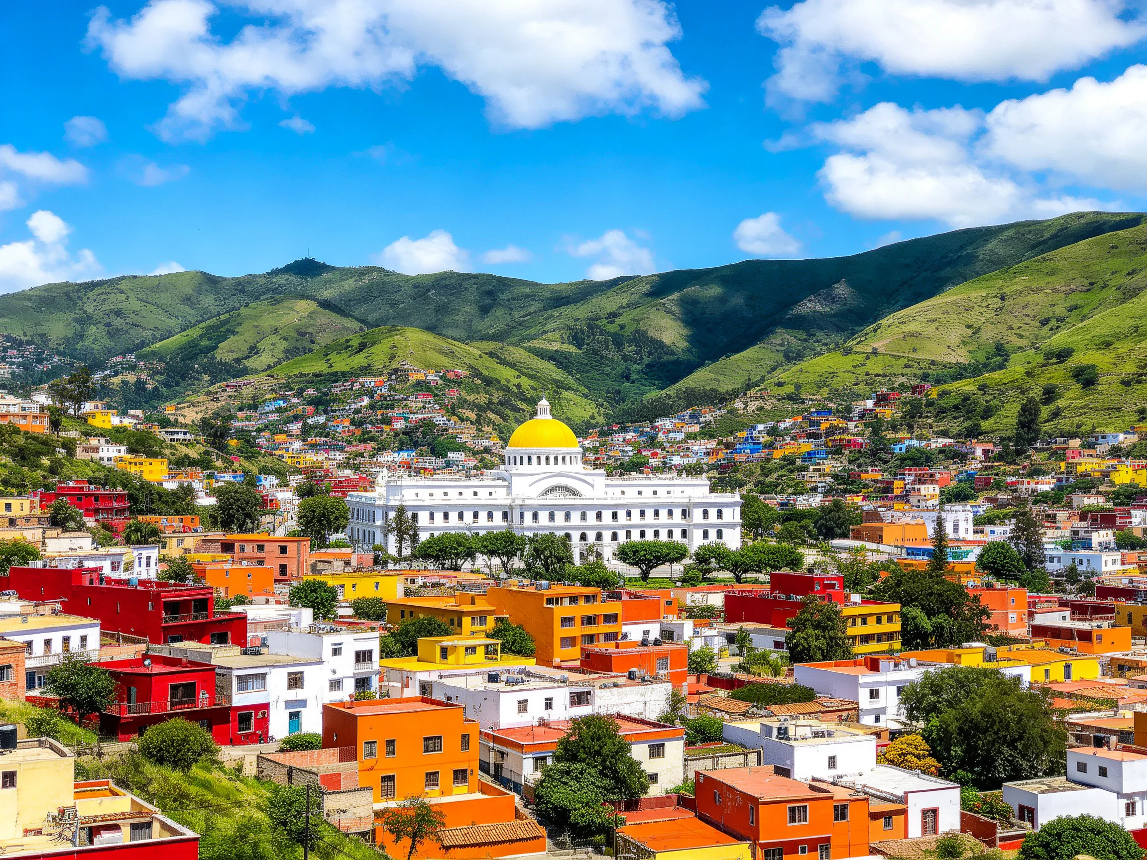 Vibrant town with colorful houses, white government building, green mountain backdrop