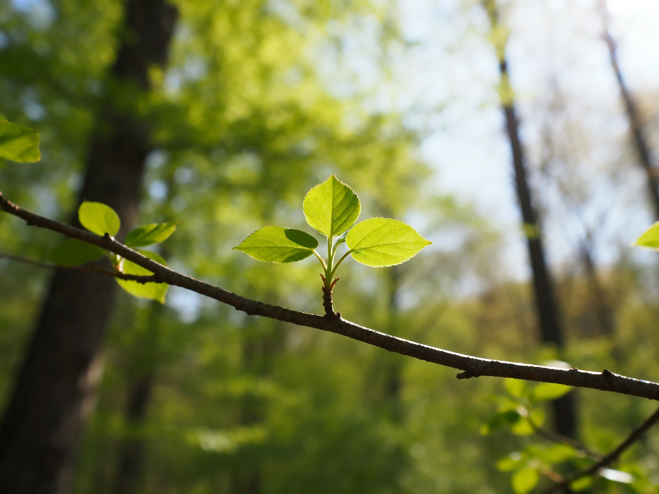 Vibrant young leaves on a branch in sunlit forest