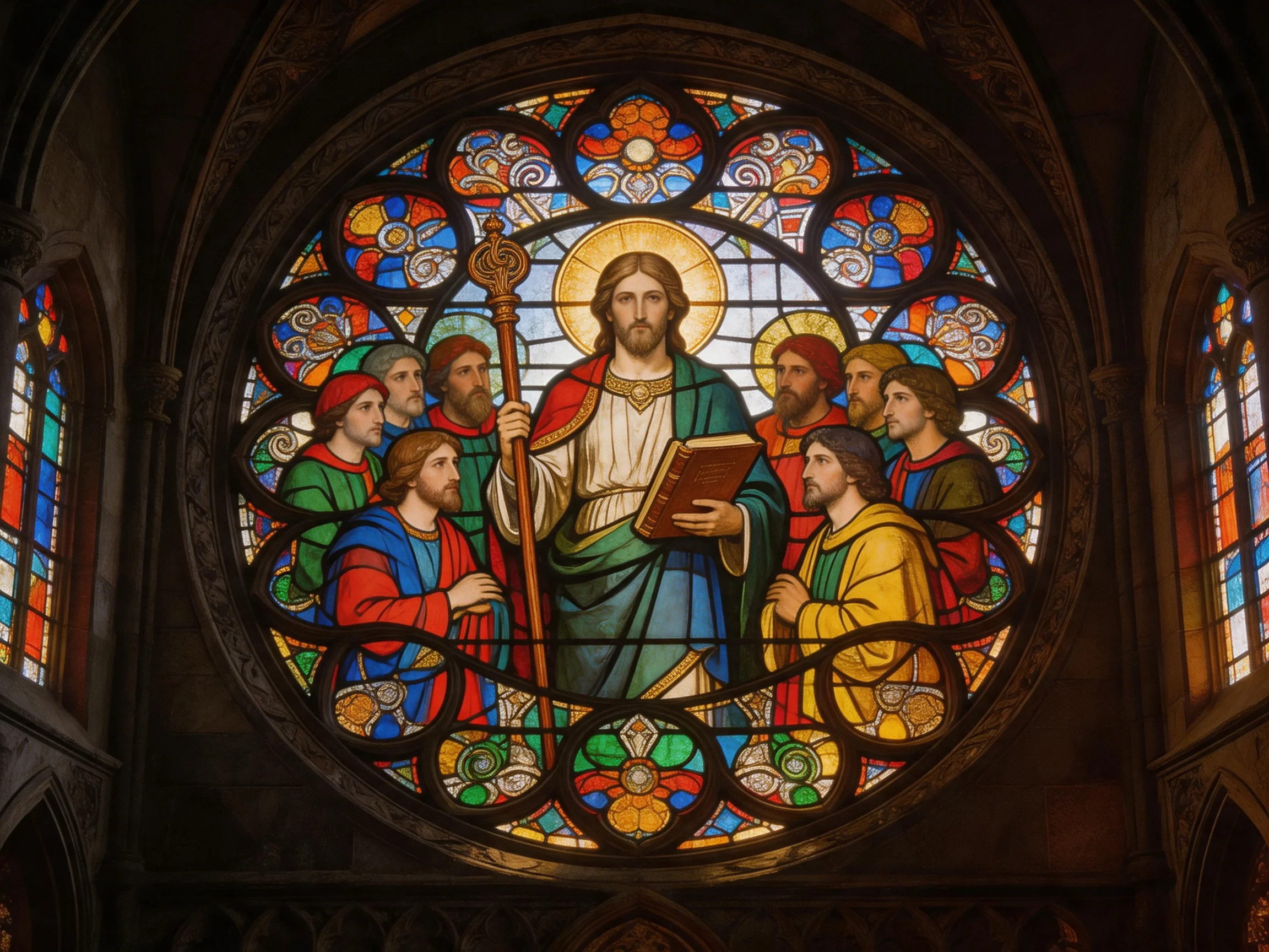 Vibrantly colored circular stained glass scene of Jesus and apostles