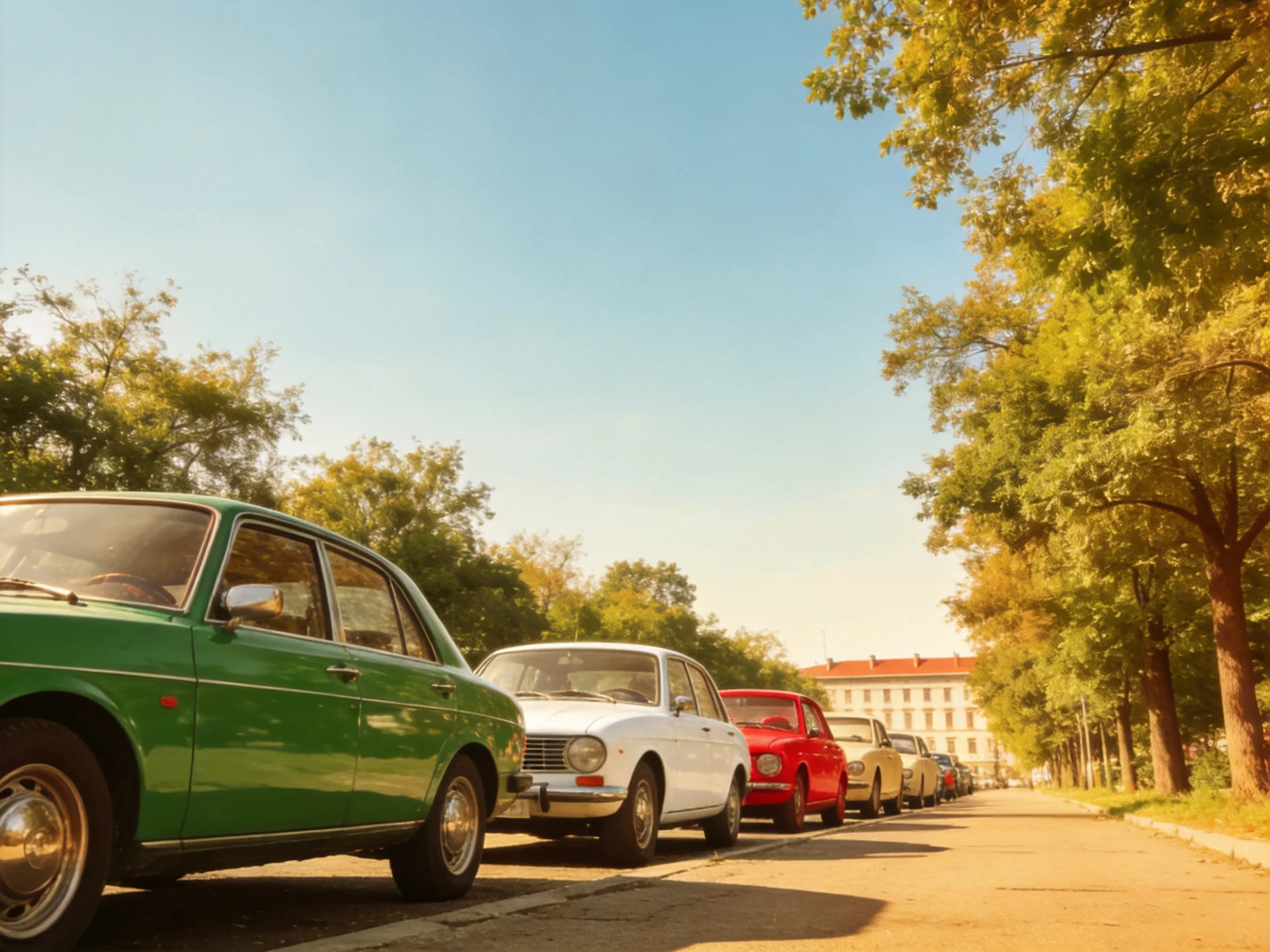 Vintage cars in multiple colors are parked along a tree-lined street on a sunny day
