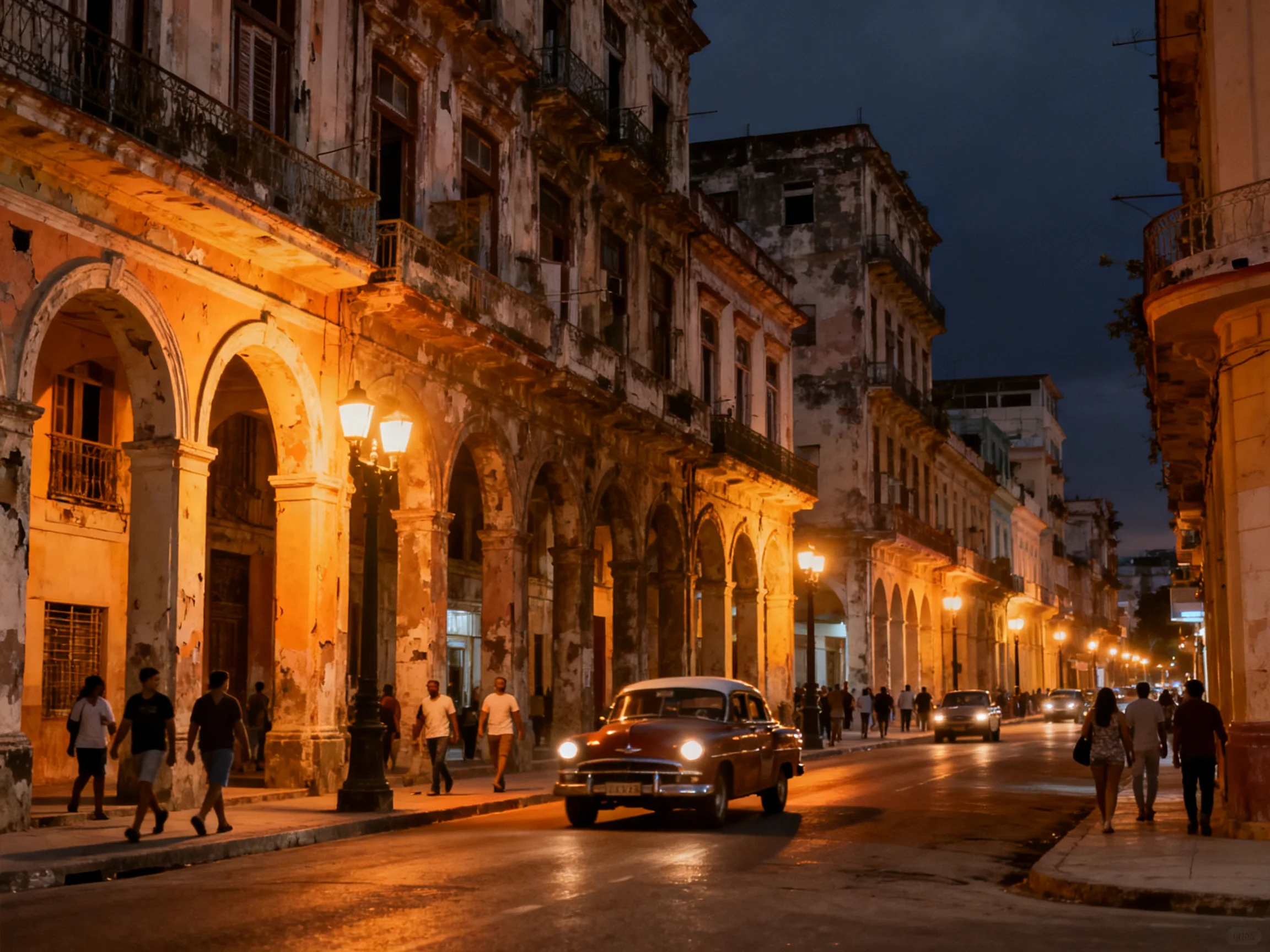 Vintage cars travel along a historic colonial street bathed in warm evening light