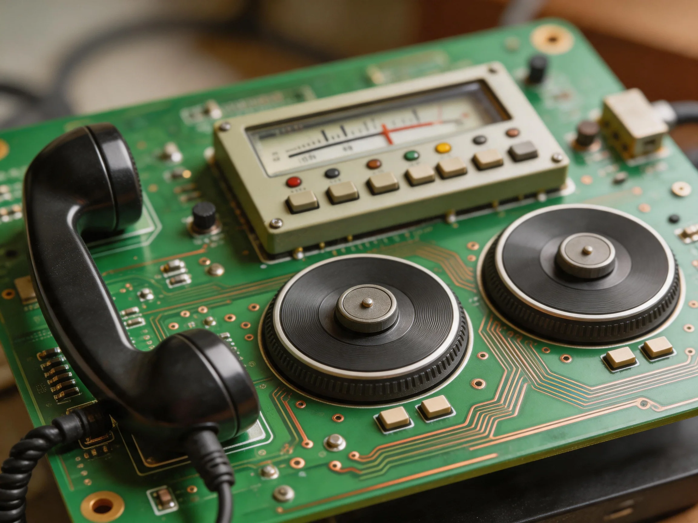 Vintage electronic device with black handset, circular knobs, and green circuit board