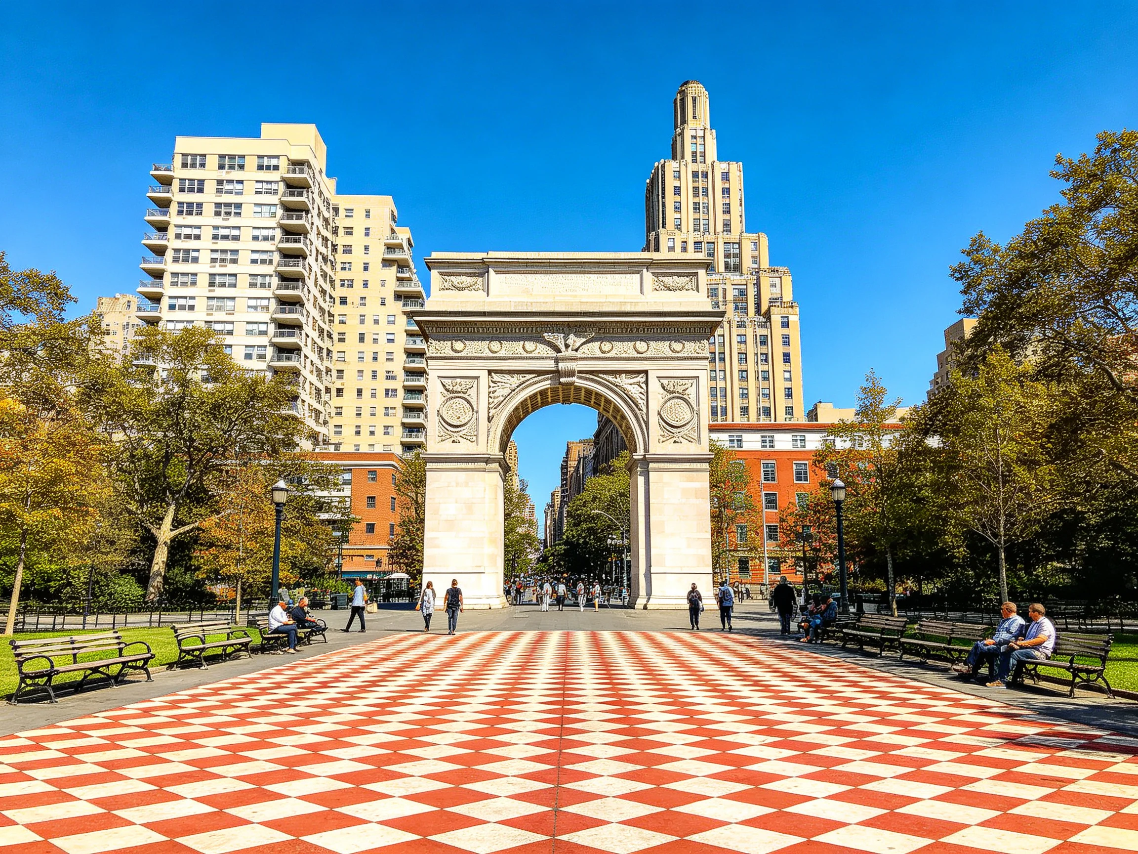 Washington Square Arch with Red-and-White Checkered Pavement and Urban Surroundings